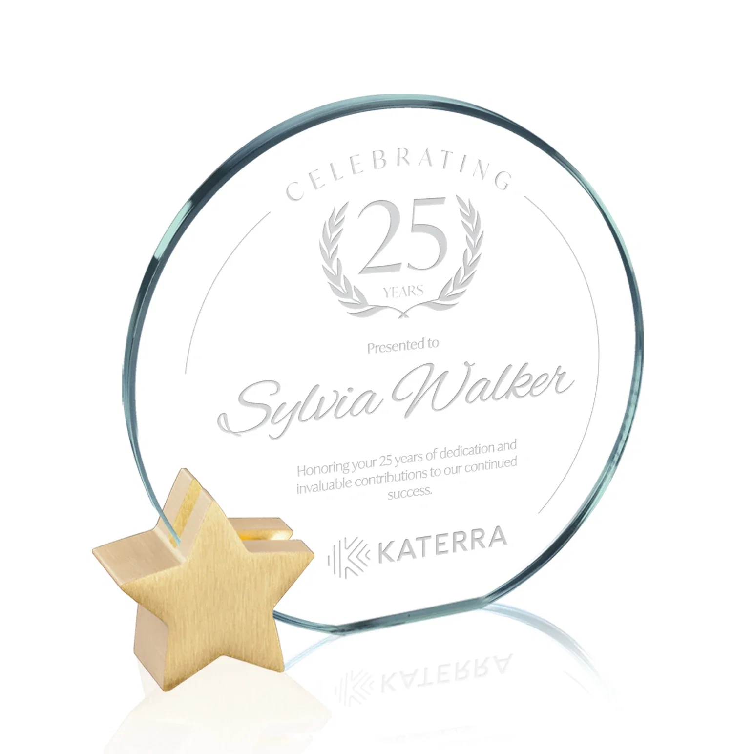 Custom Jade Glass Circle Award on an Aluminum Star-Shaped Holder for service anniversary gifts