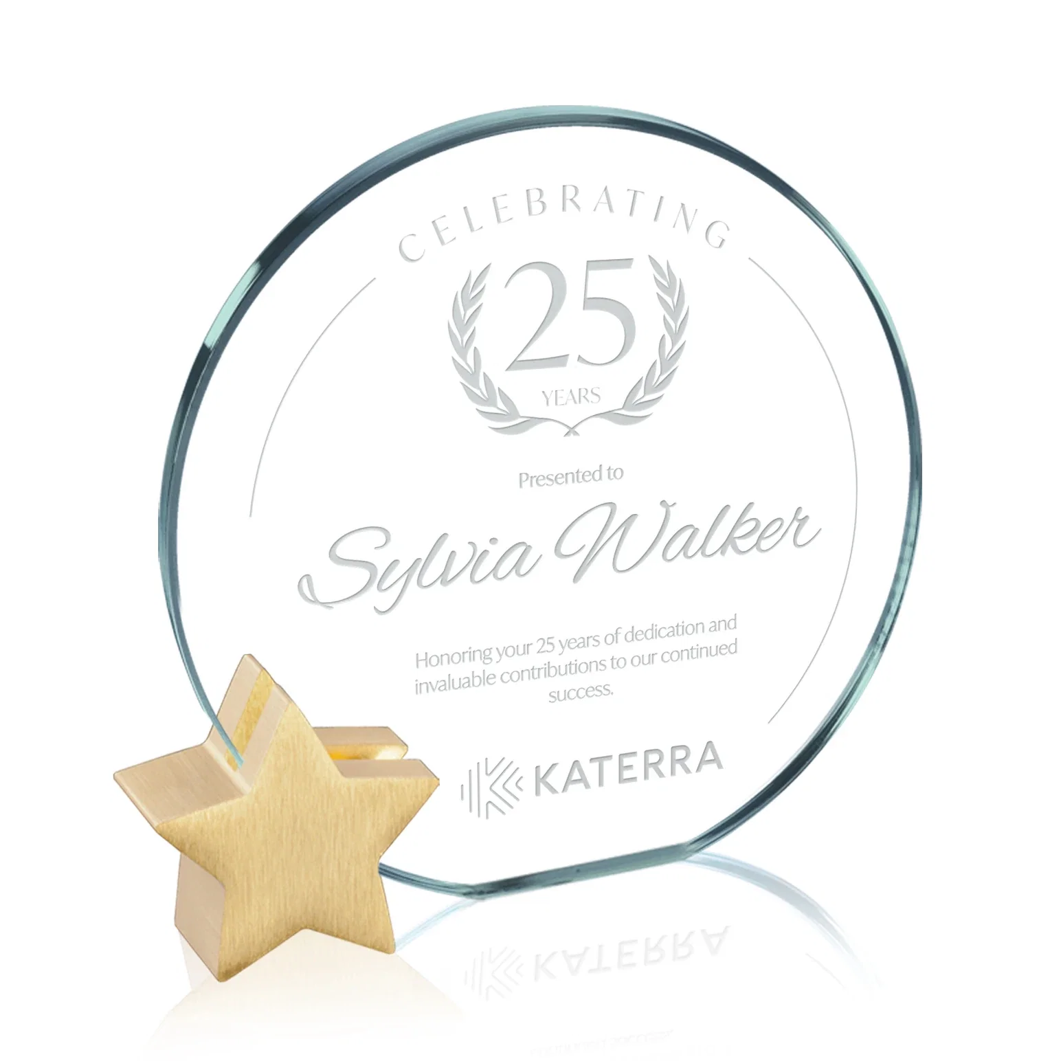 Custom Jade Glass Circle Award on an Aluminum Star-Shaped Holder for sales achievement awards