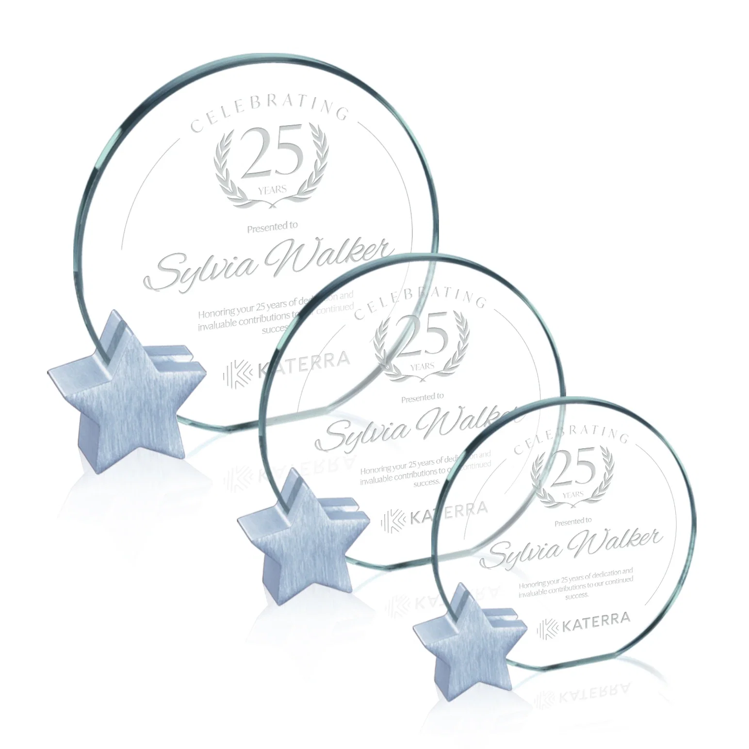 Custom Jade Glass Circle Award on an Aluminum Star-Shaped Holder for retirement presentations