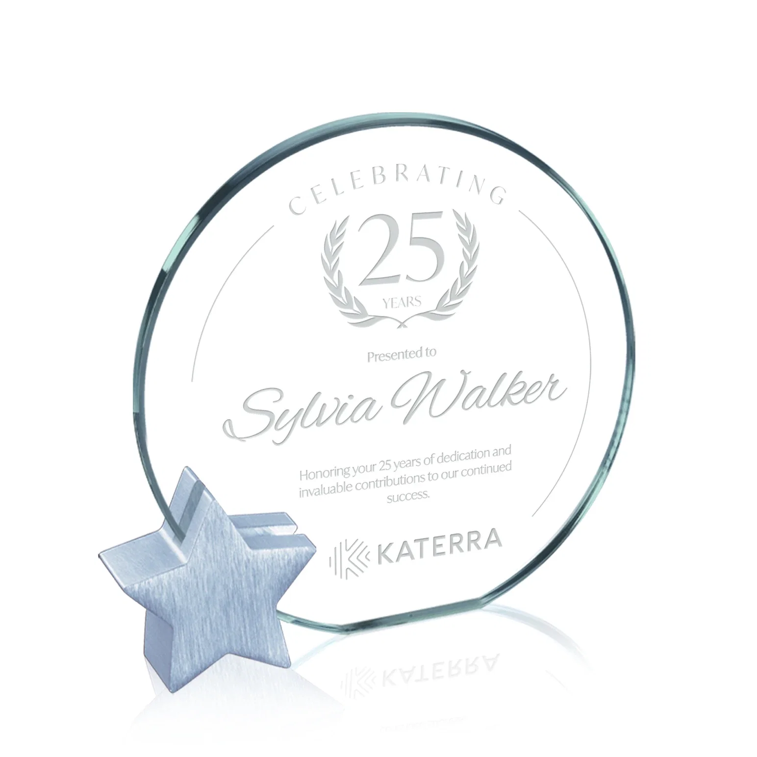 Custom Jade Glass Circle Award on an Aluminum Star-Shaped Holder for team milestone celebrations