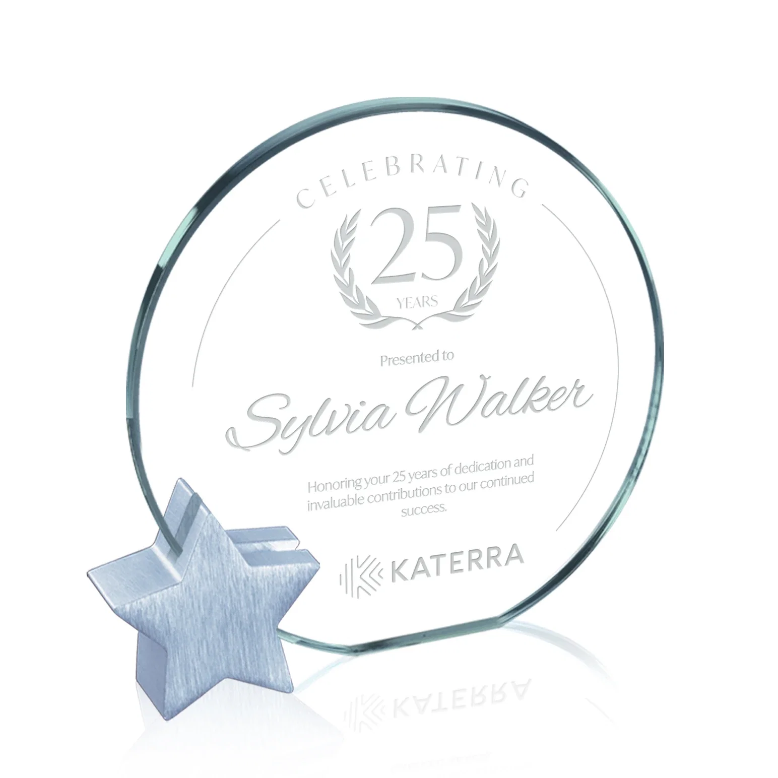 Custom Jade Glass Circle Award on an Aluminum Star-Shaped Holder for donor appreciation