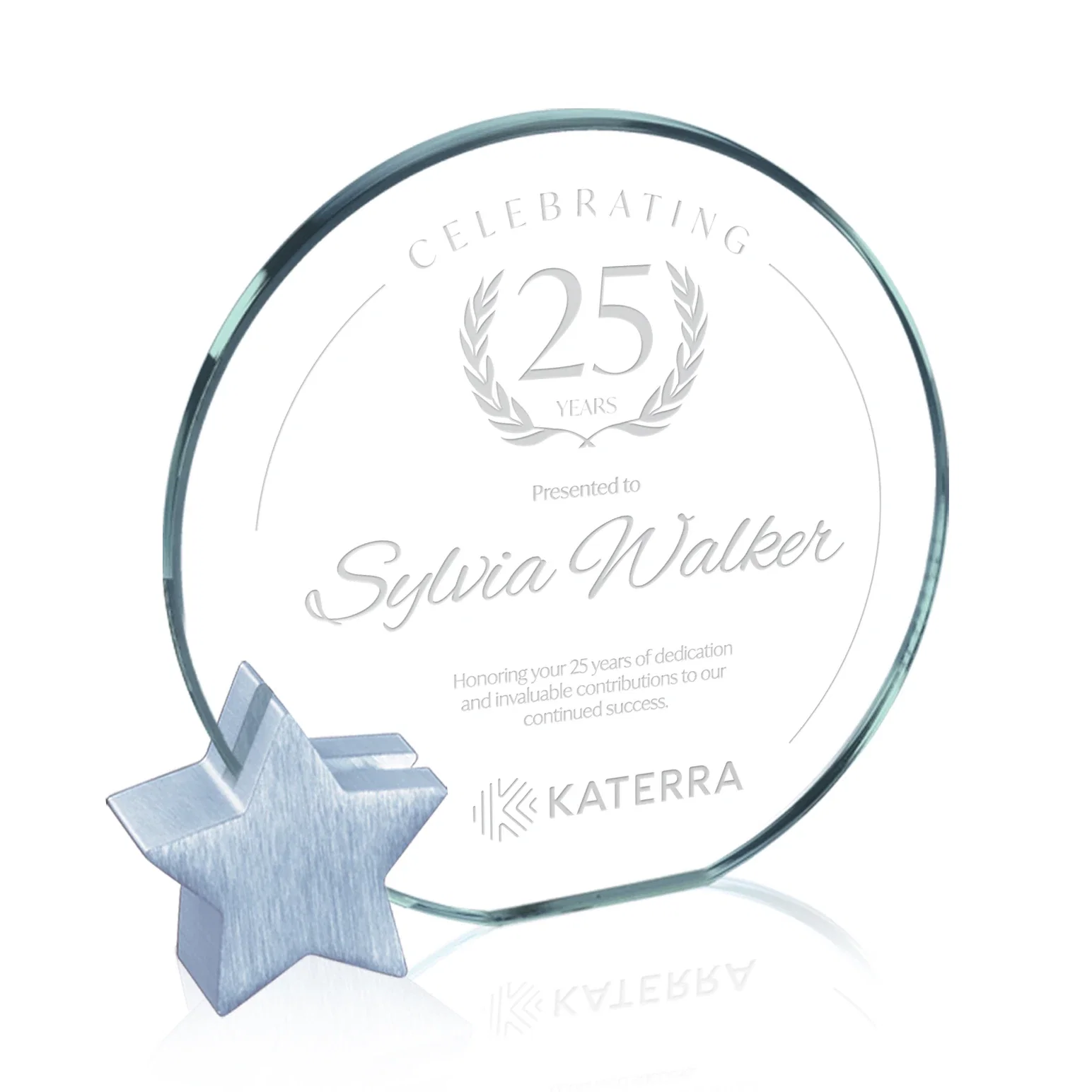 Custom Jade Glass Circle Award on an Aluminum Star-Shaped Holder for graduation ceremonies
