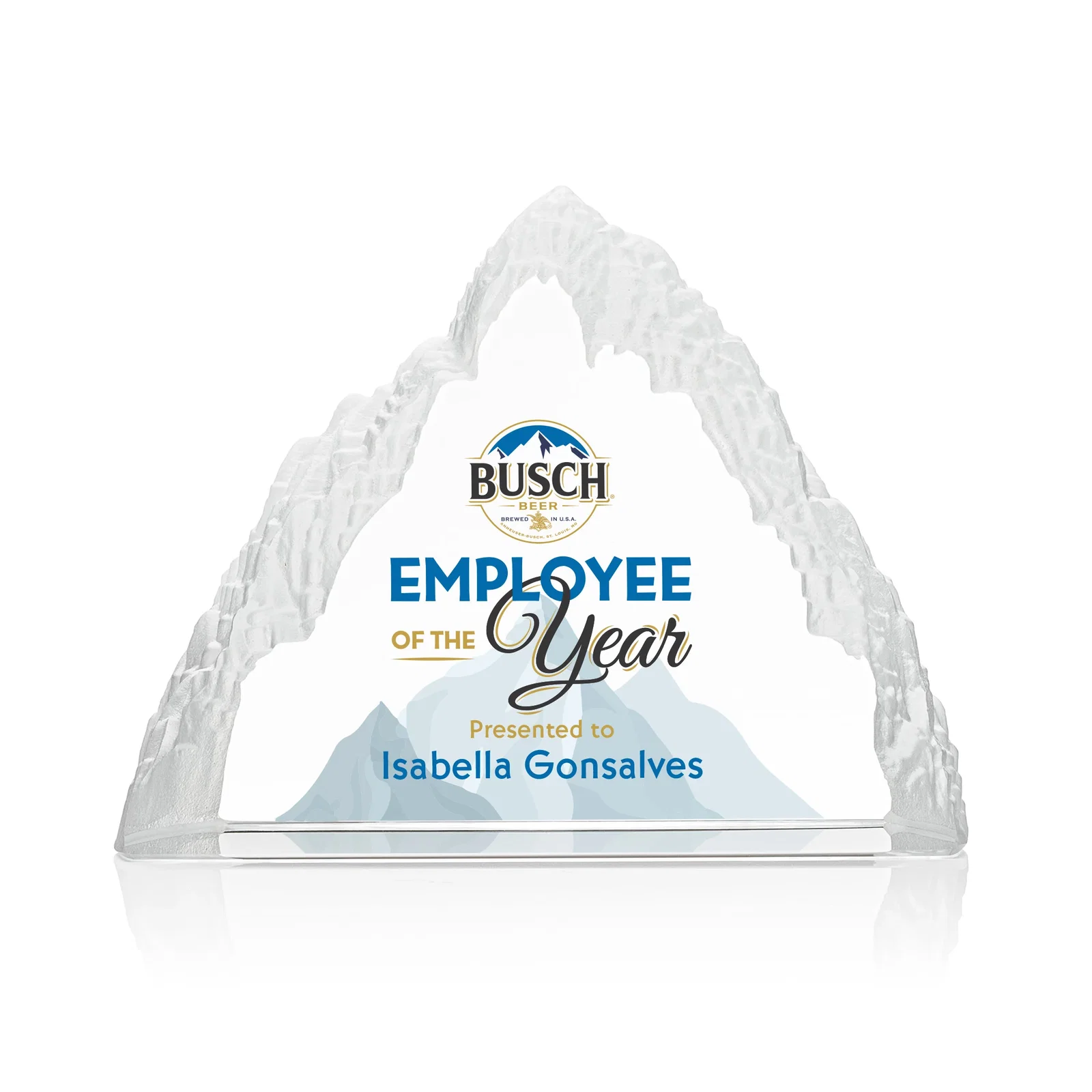 Custom Optical Crystal Mountain Peak Award, Frosted in One Solid Block, awards for volunteer appreciation