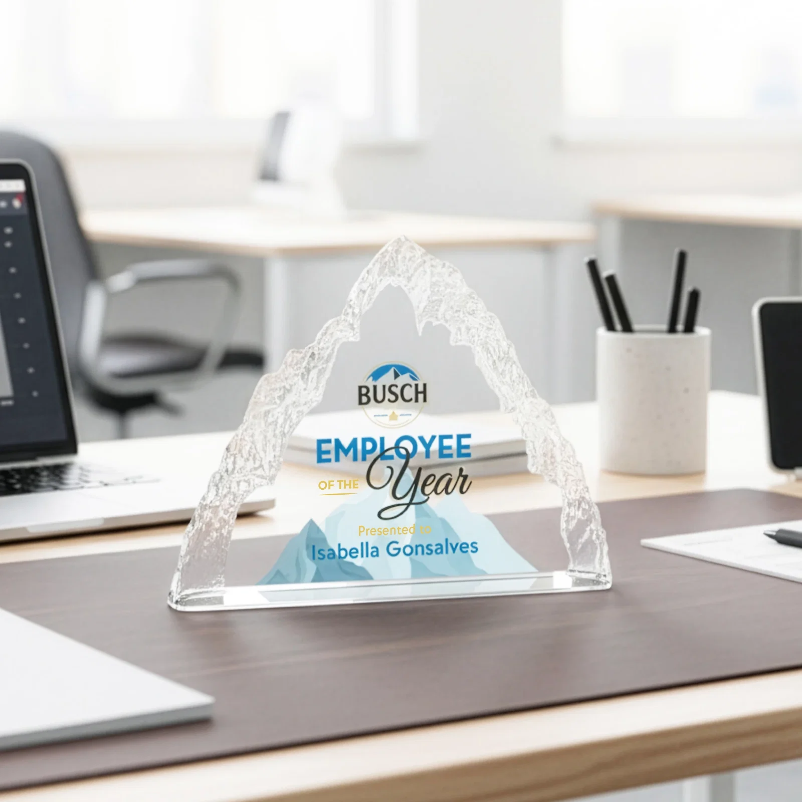 Custom Optical Crystal Mountain Peak Award, Frosted in One Solid Block, awards for company anniversary events