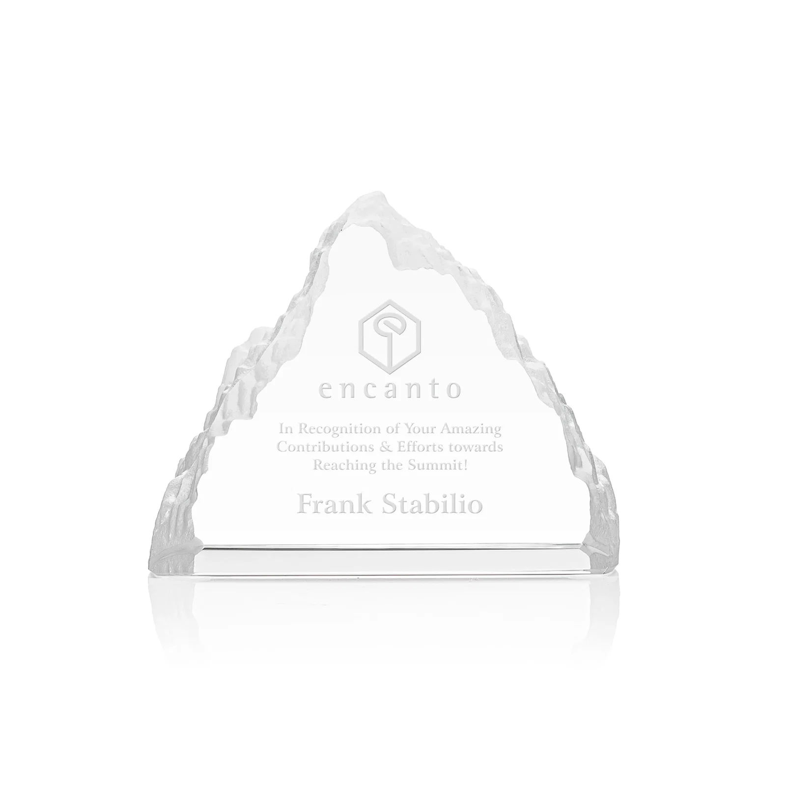 Custom Optical Crystal Mountain Peak Award, Frosted in One Solid Block, awards for corporate award ceremonies