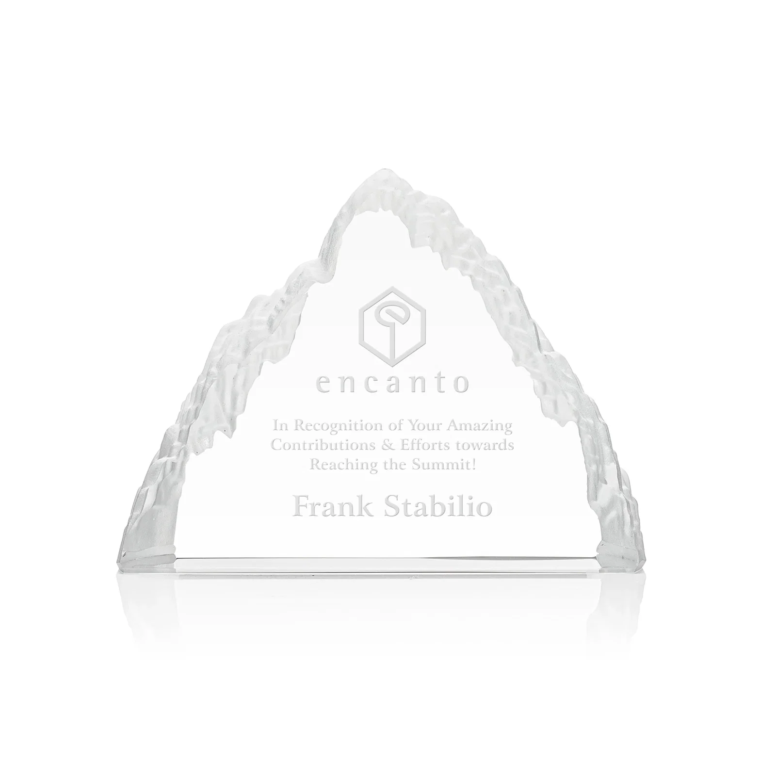Custom Optical Crystal Mountain Peak Award, Frosted in One Solid Block, awards for service anniversary gifts