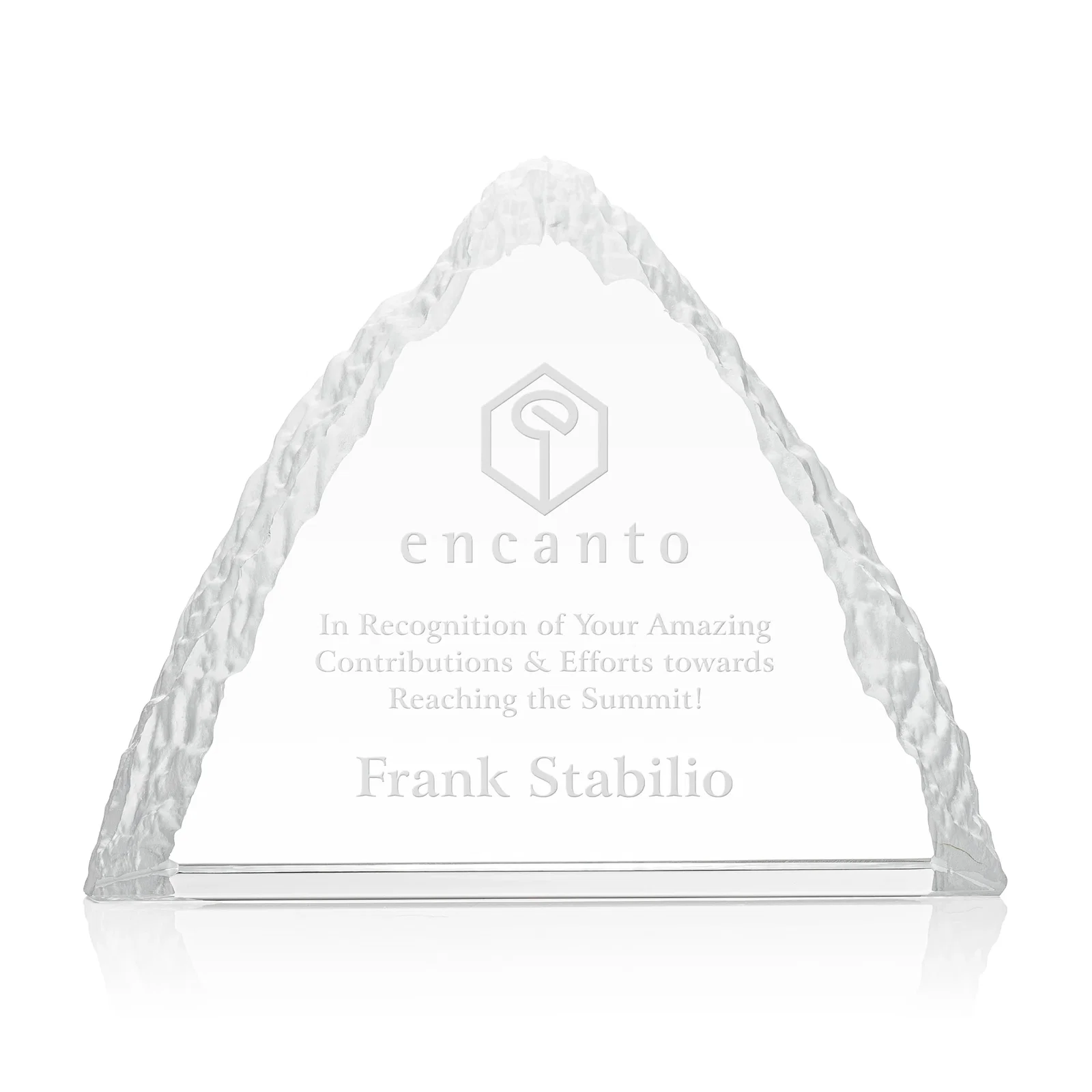 Custom Optical Crystal Mountain Peak Award, Frosted in One Solid Block, awards for retirement presentations