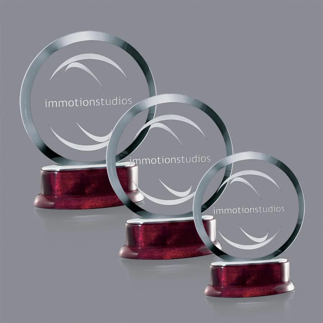 Custom Jade Glass Round Award, Nameplate Option Instead of Glass Etch for employee recognition