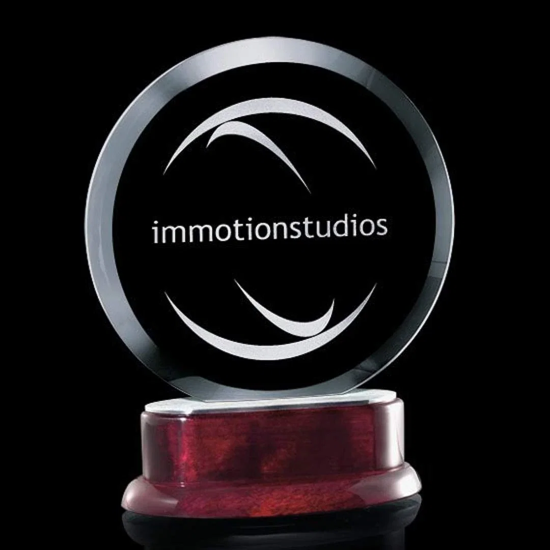 Custom Jade Glass Round Award, Nameplate Option Instead of Glass Etch for corporate award ceremonies
