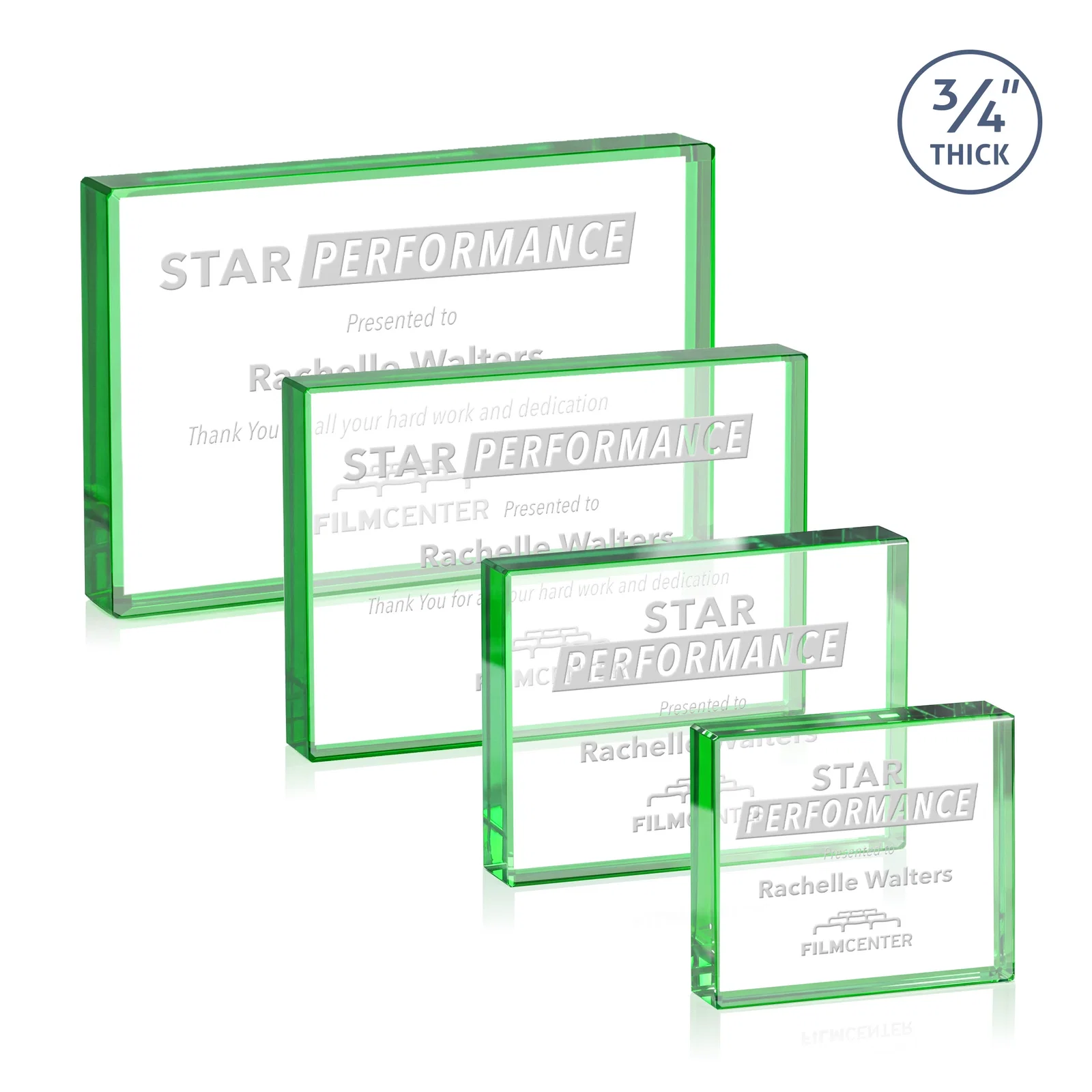 Promotional Freestanding Rectangle Crystal Paperweight, 3"-6" Starfire or Jade Glass, client appreciation gift for service anniversary gifts