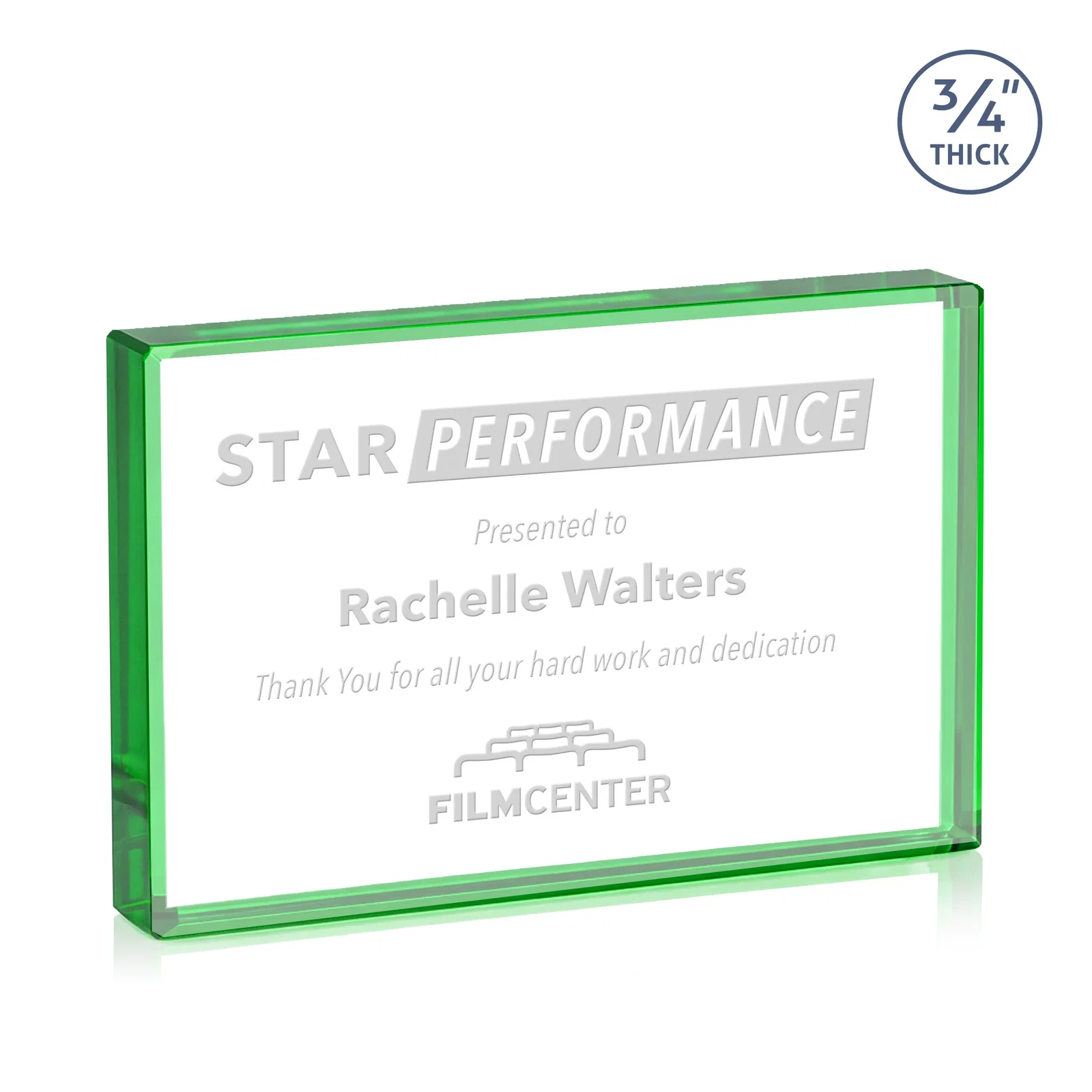 Promotional Freestanding Rectangle Crystal Paperweight, 3"-6" Starfire or Jade Glass, client appreciation gift for donor appreciation