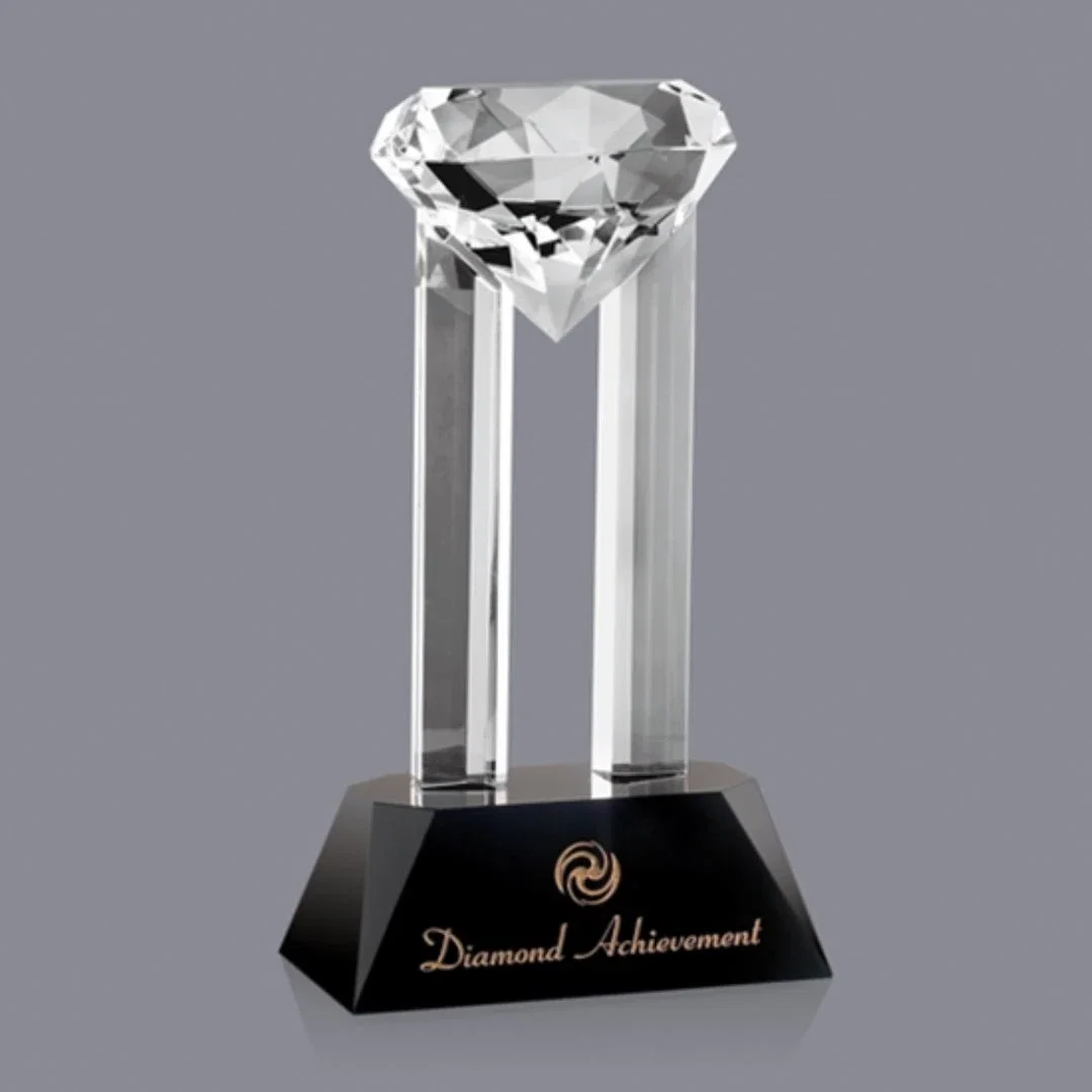 Custom Optical Crystal Twin Tower Award Cradling a Crystal Diamond for employee recognition