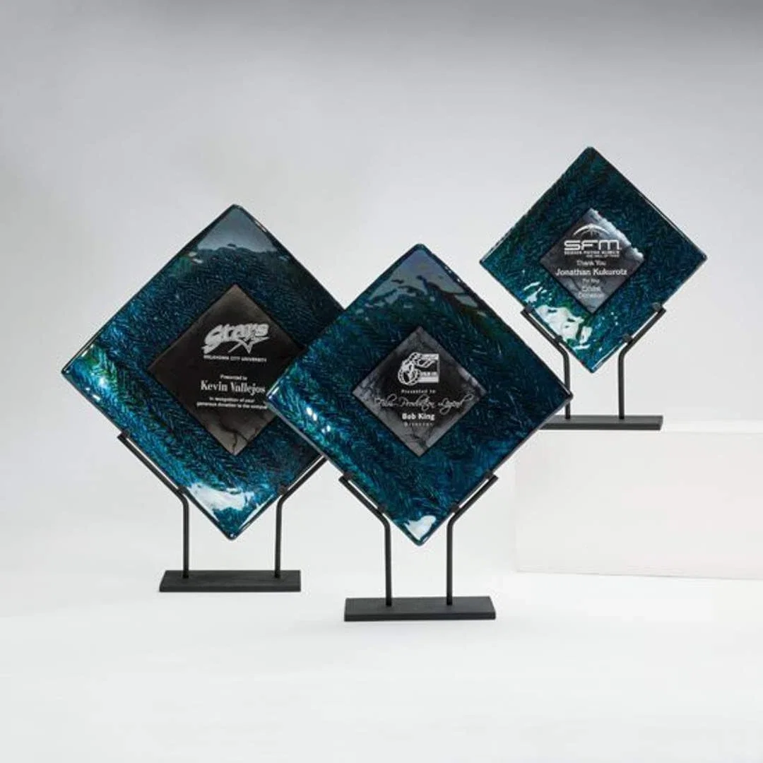 Custom Glass Herringbone Plate Award on Black Steel Stand for employee recognition