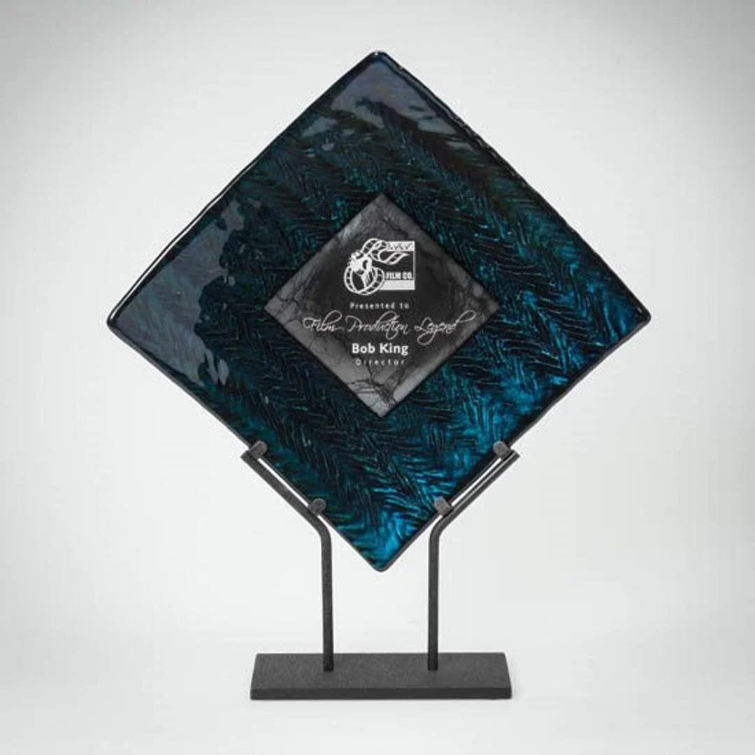 Custom Glass Herringbone Plate Award on Black Steel Stand for service anniversary gifts