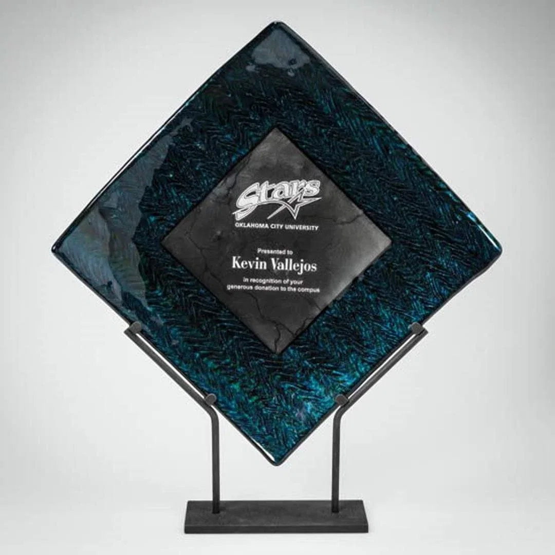 Custom Glass Herringbone Plate Award on Black Steel Stand for sales achievement awards