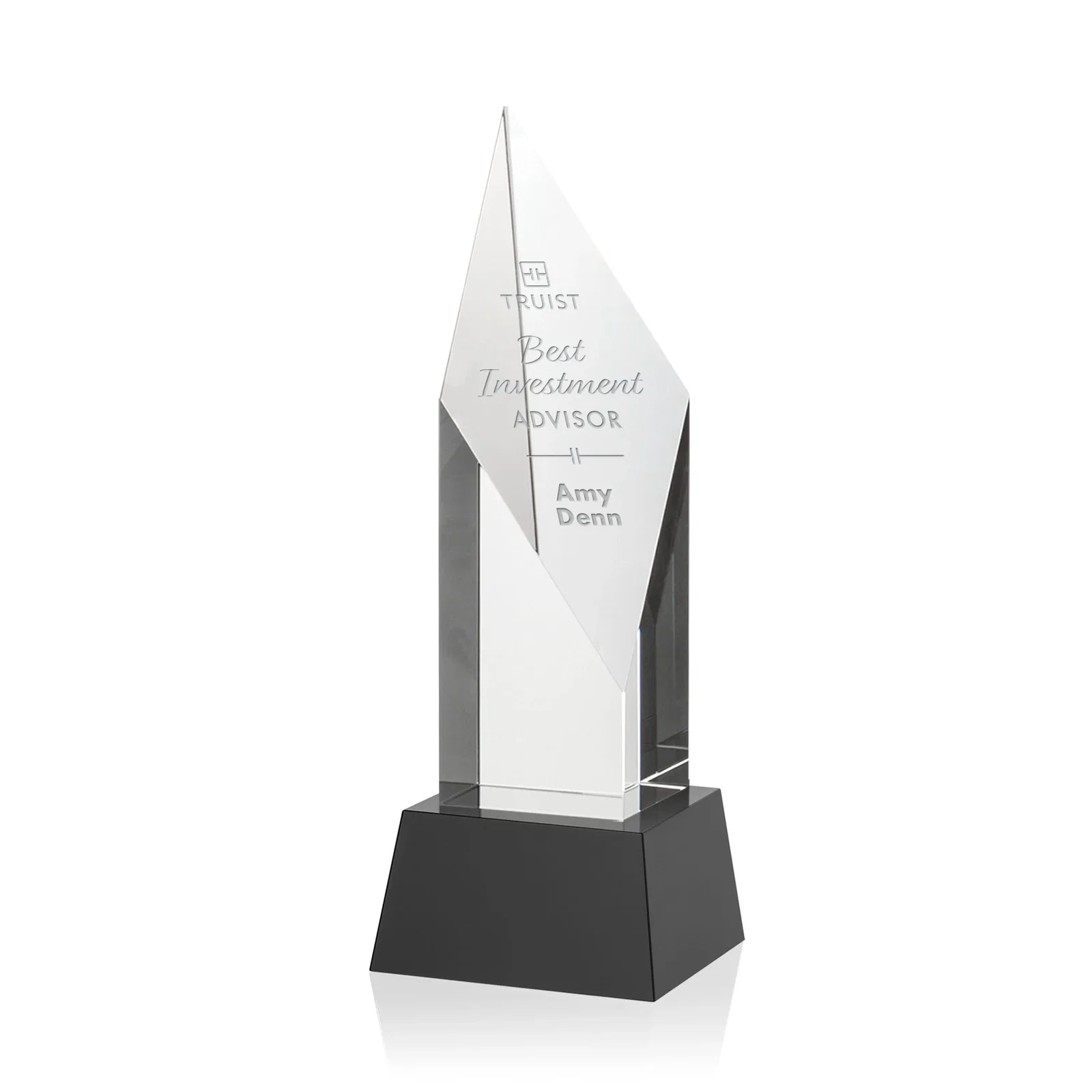 Personalized Optical Crystal Pillar Award with a Sheered Diamond Top for retirement presentations