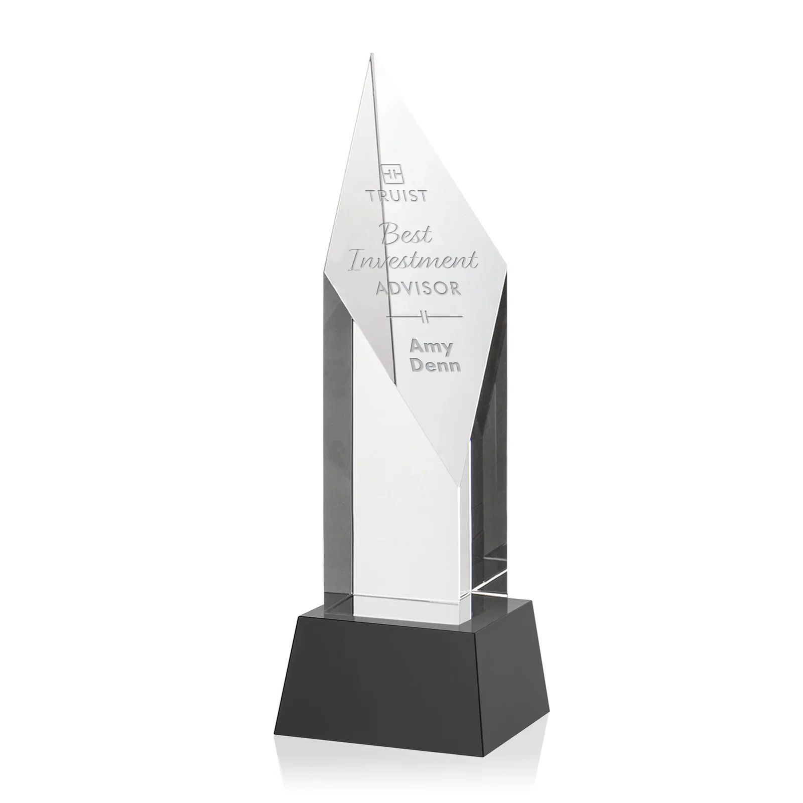Personalized Optical Crystal Pillar Award with a Sheered Diamond Top for team milestone celebrations