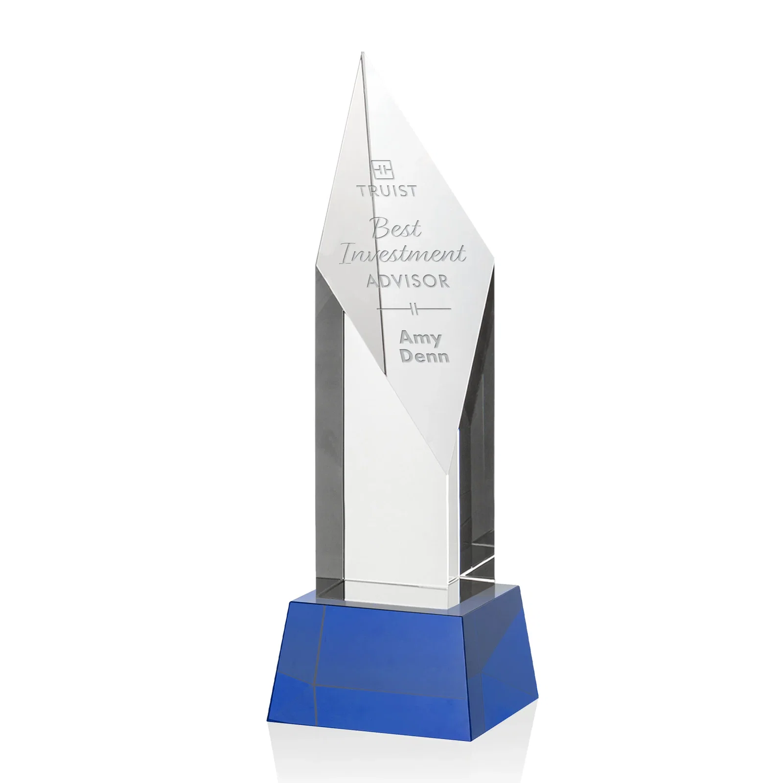 Personalized Optical Crystal Pillar Award with a Sheered Diamond Top for company anniversary events