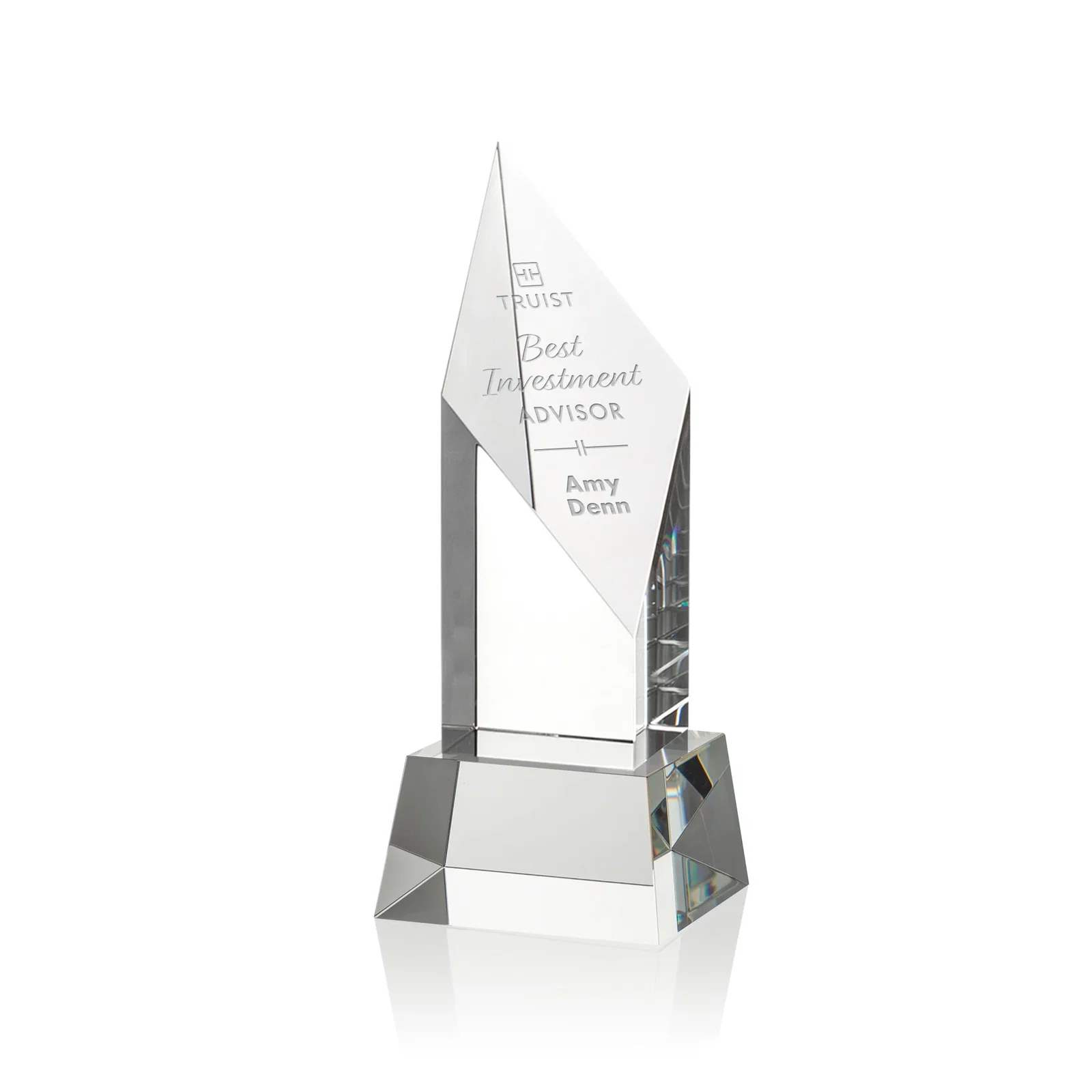 Custom Optical Crystal Pillar Award with a Sheered Diamond Top for service anniversary gifts