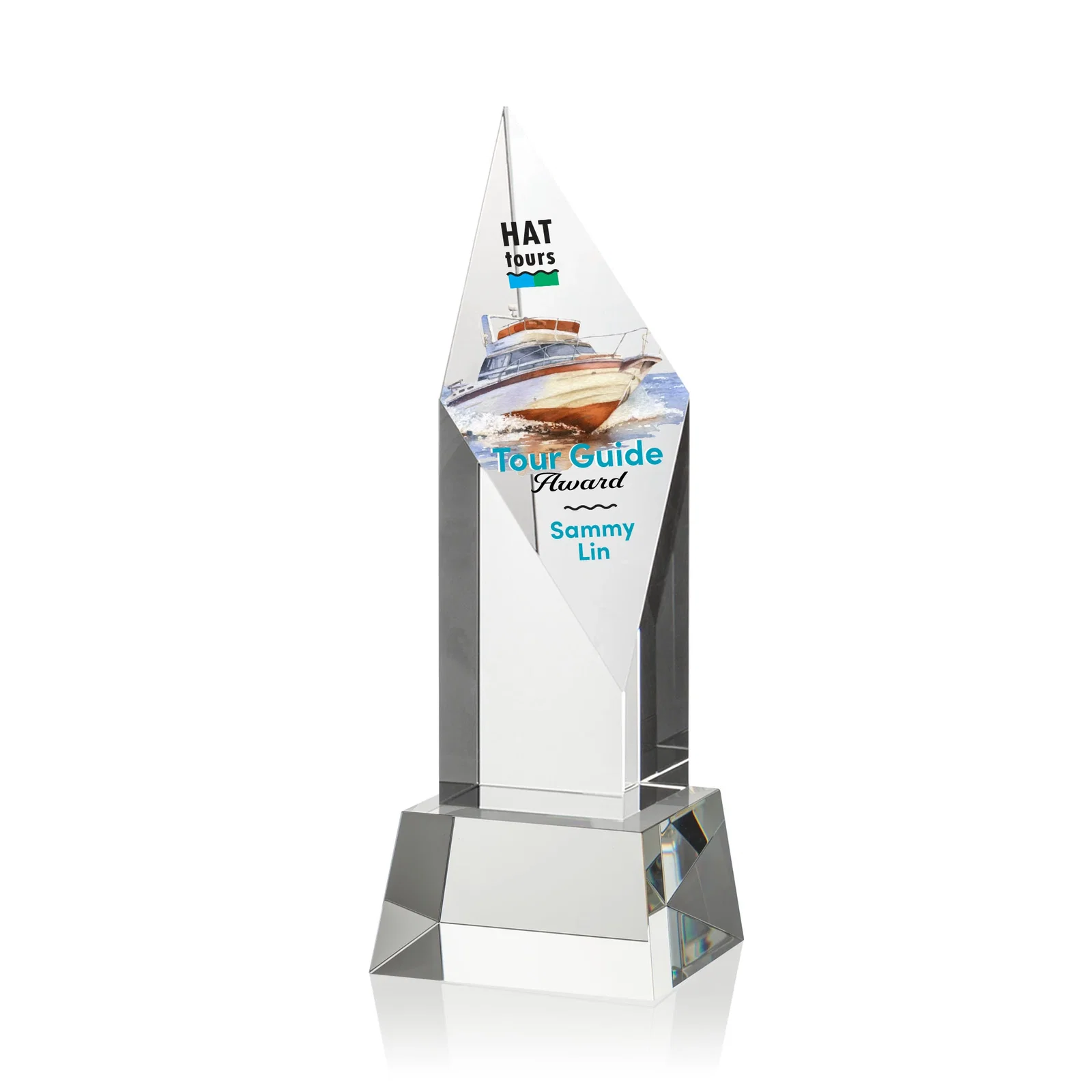 Promotional Optical Crystal Pillar Award with a Sheered Diamond Top for retirement presentations