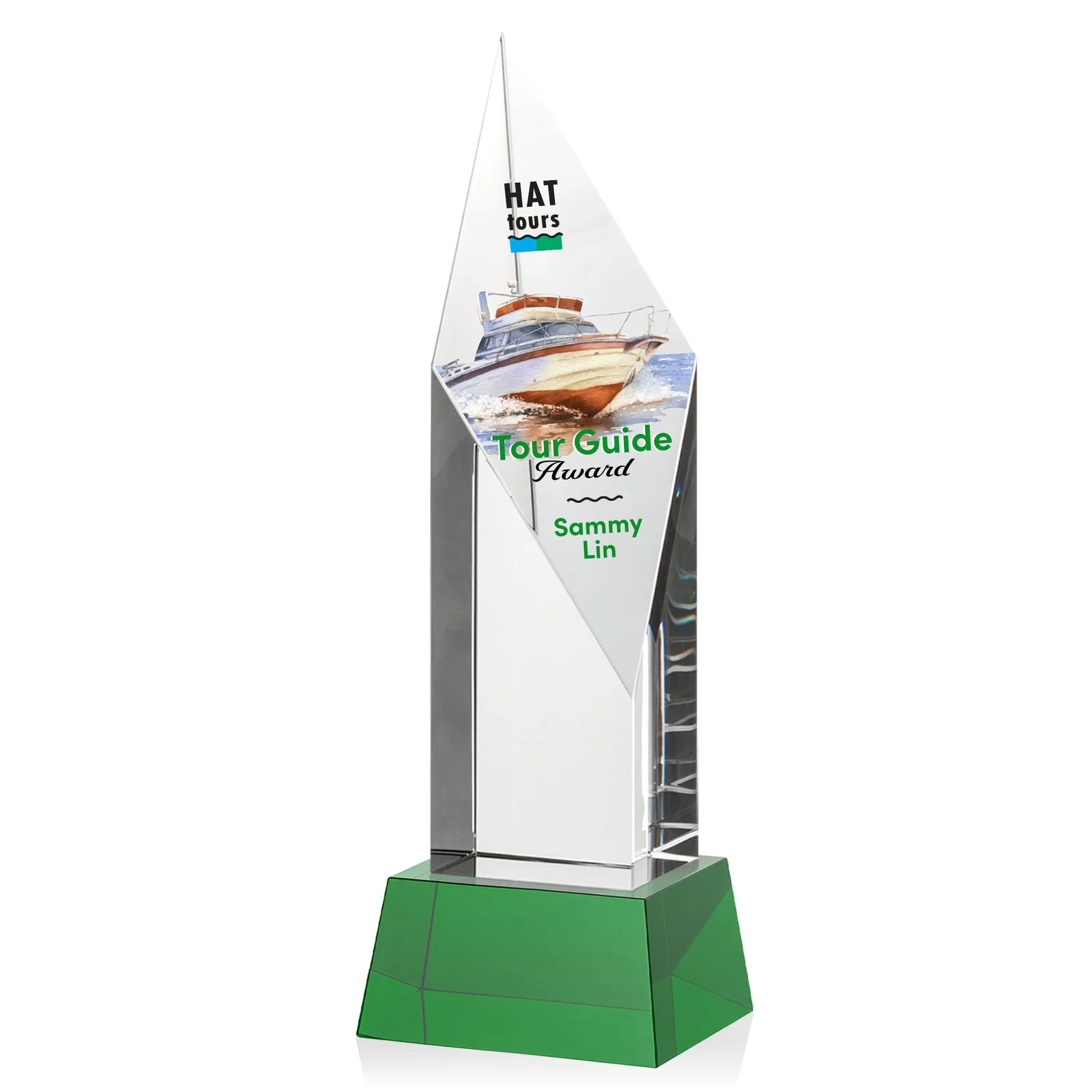 Branded Optical Crystal Pillar Award with a Sheered Diamond Top for employee recognition