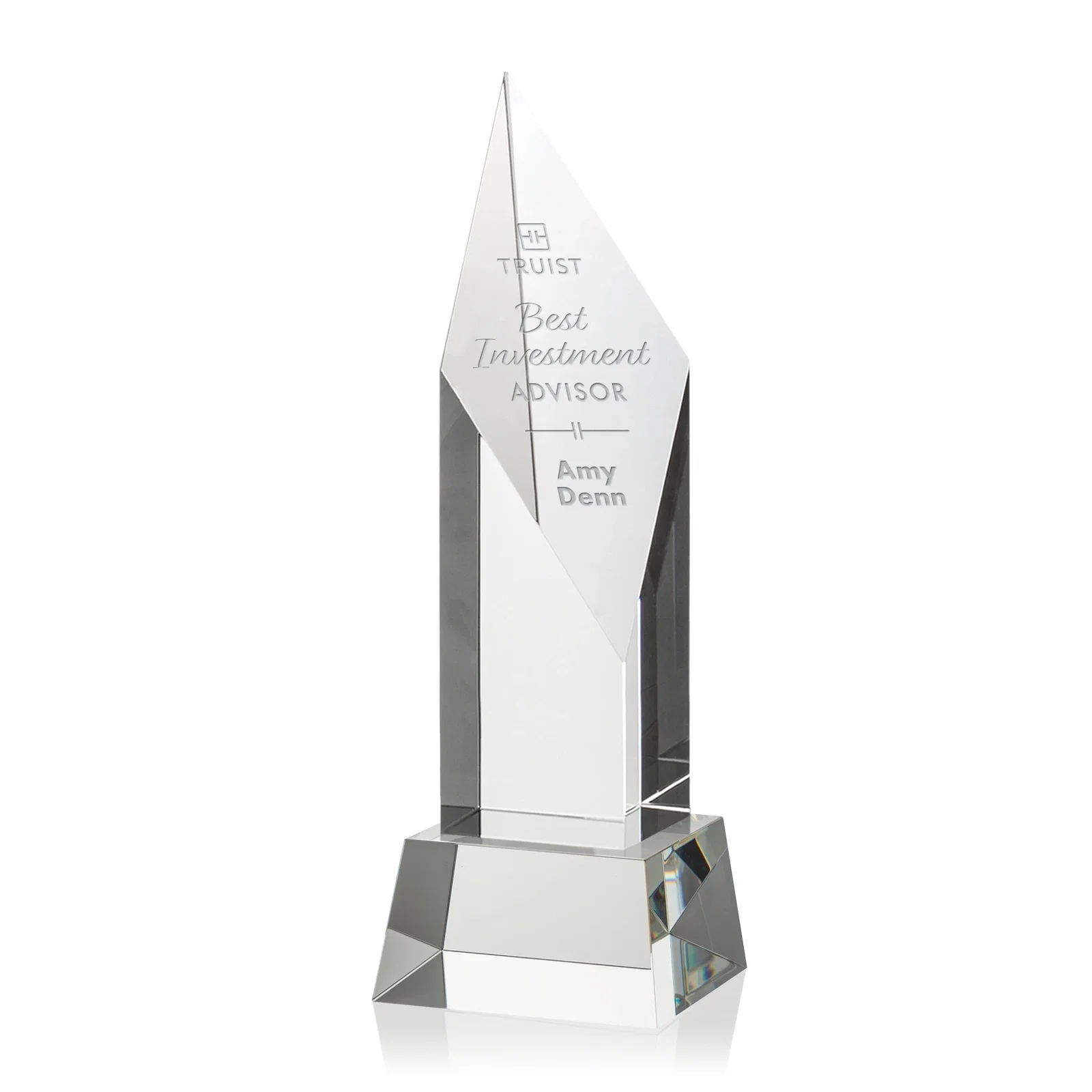 Custom Optical Crystal Pillar Award with a Sheered Diamond Top for retirement presentations