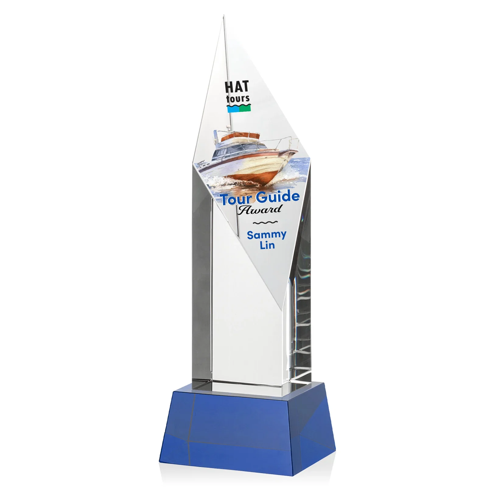 Custom printed Optical Crystal Pillar Award with a Sheered Diamond Top for employee recognition