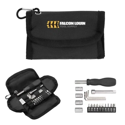 Black 19 piece tool set zipped inside its recycled rPET case