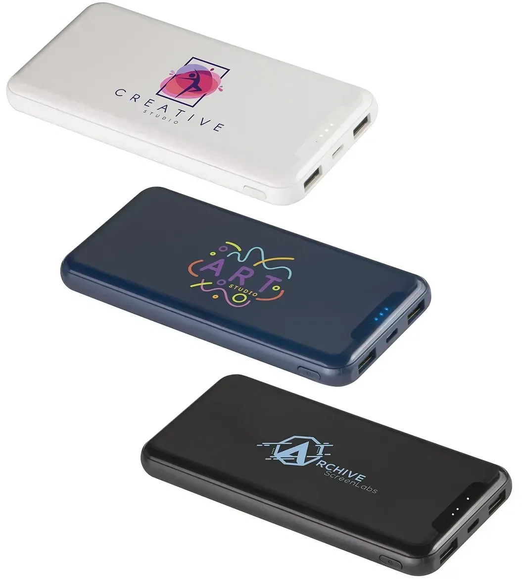 Viceroy 10000mAh 3-port power bank with custom logo, promotional branded charger front view