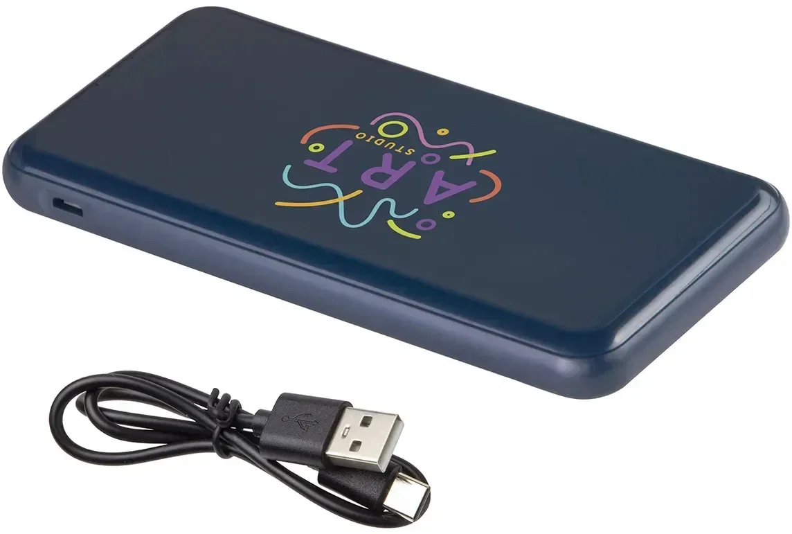 Viceroy 10000mAh branded power bank side view showing three charging ports, custom charger