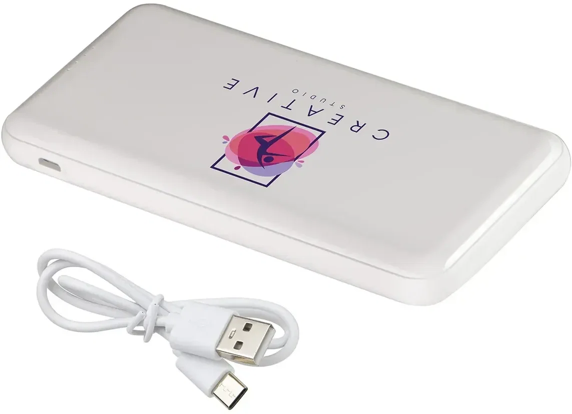 Viceroy 10000mAh custom power bank close-up of USB charging ports, promotional branded charger