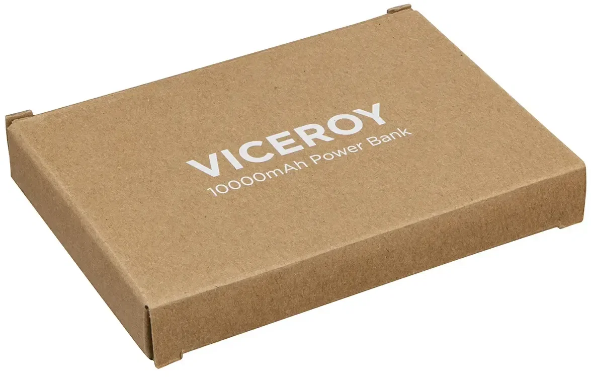 Viceroy 10000mAh power bank charging a phone, branded custom 3-port charger in use
