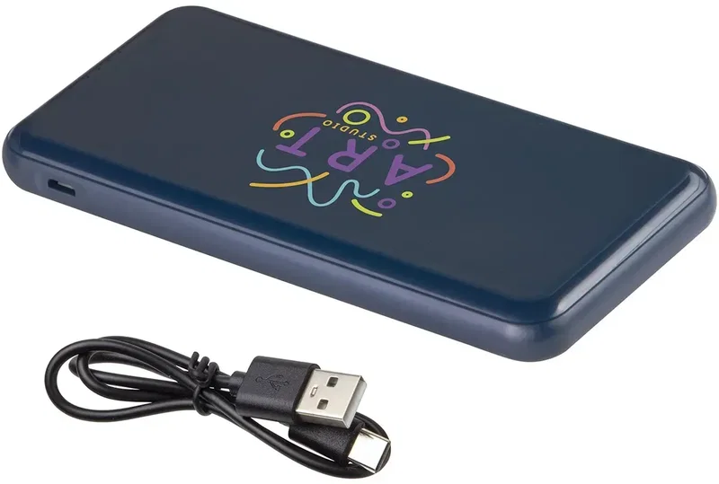 Viceroy 10000mAh branded power bank side view showing three charging ports, custom charger
