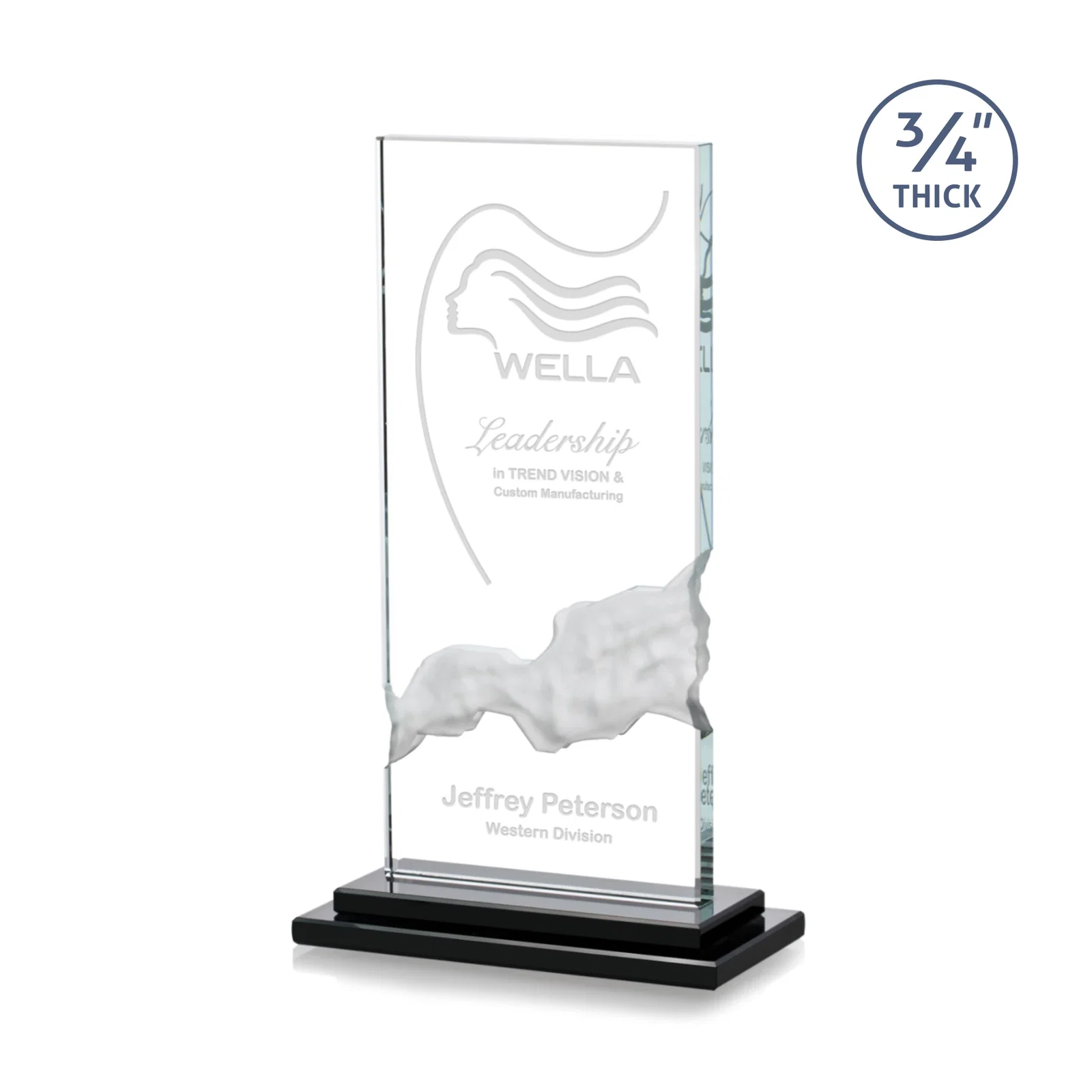 Custom Starfire Crystal Award with Carved Waterfall Beneath the Message, awards for corporate award ceremonies