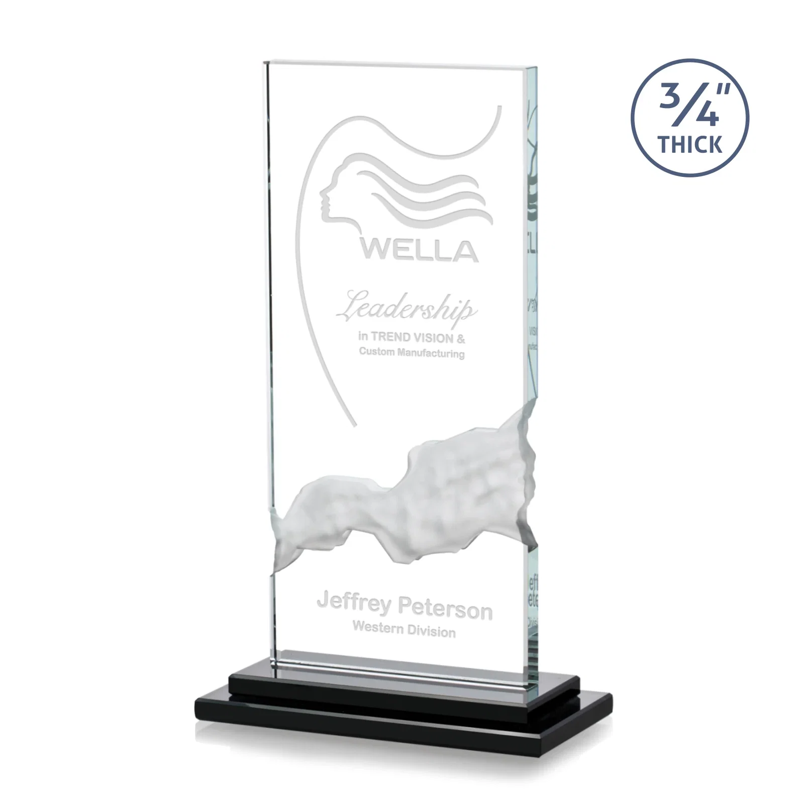 Custom Starfire Crystal Award with Carved Waterfall Beneath the Message, awards for sales achievement awards