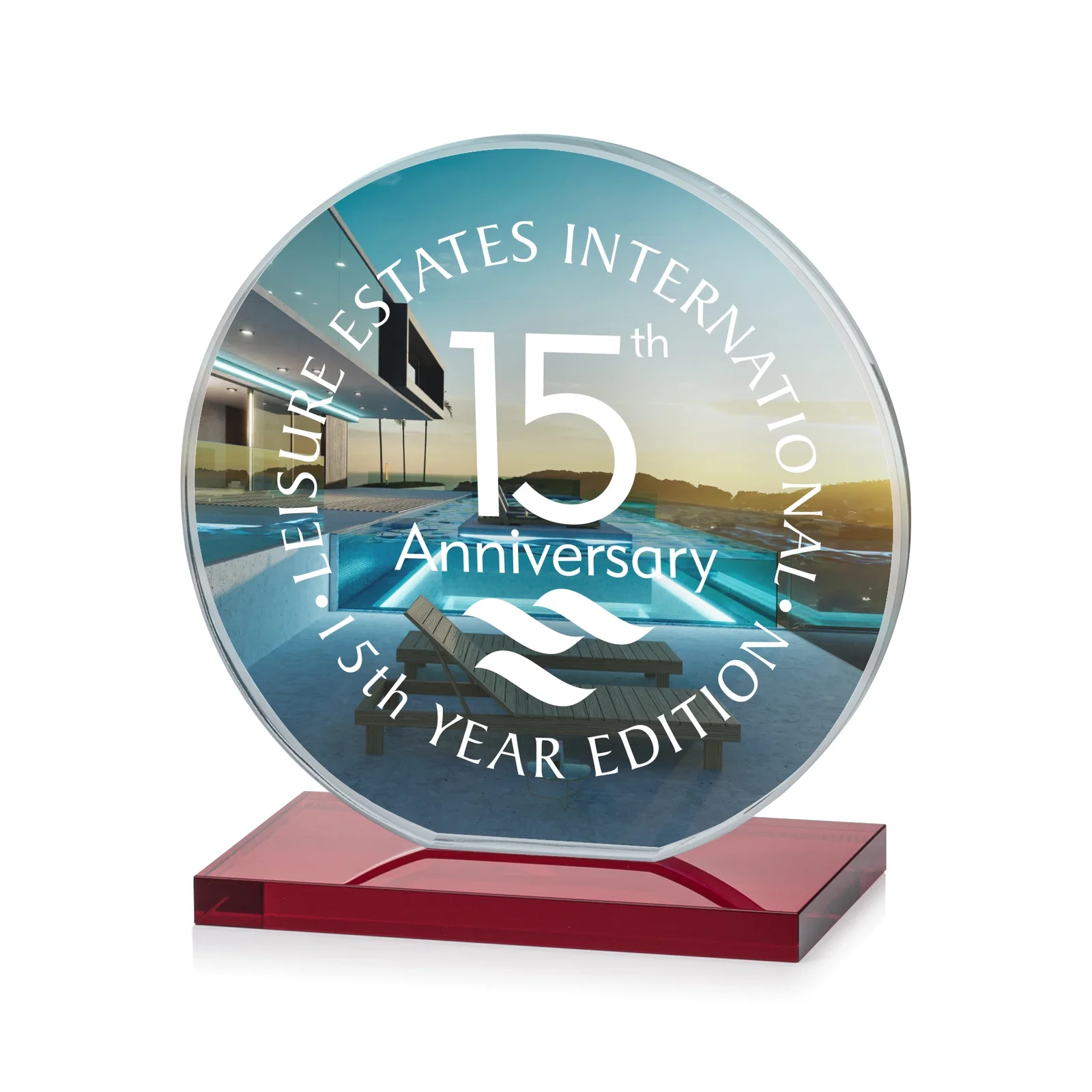 Custom Starfire Crystal Disc Award On An Ivory Crystal Base, with your logo for service anniversary gifts