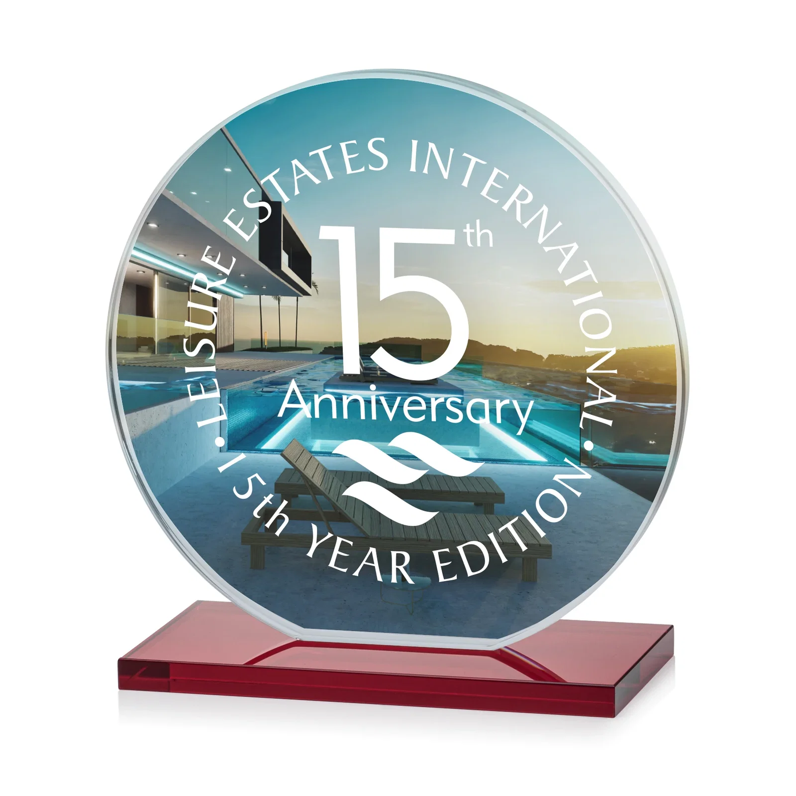 Custom Starfire Crystal Disc Award On An Ivory Crystal Base, with your logo for retirement presentations
