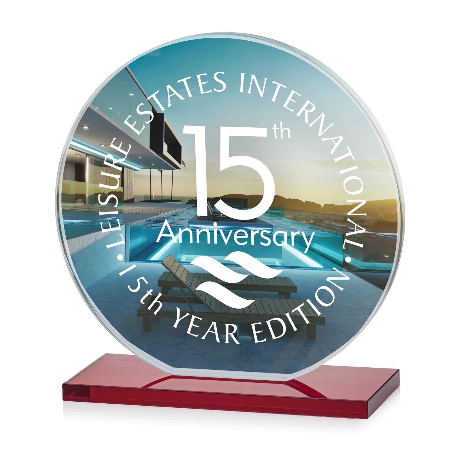 Custom Starfire Crystal Disc Award On An Ivory Crystal Base, with your logo for team milestone celebrations