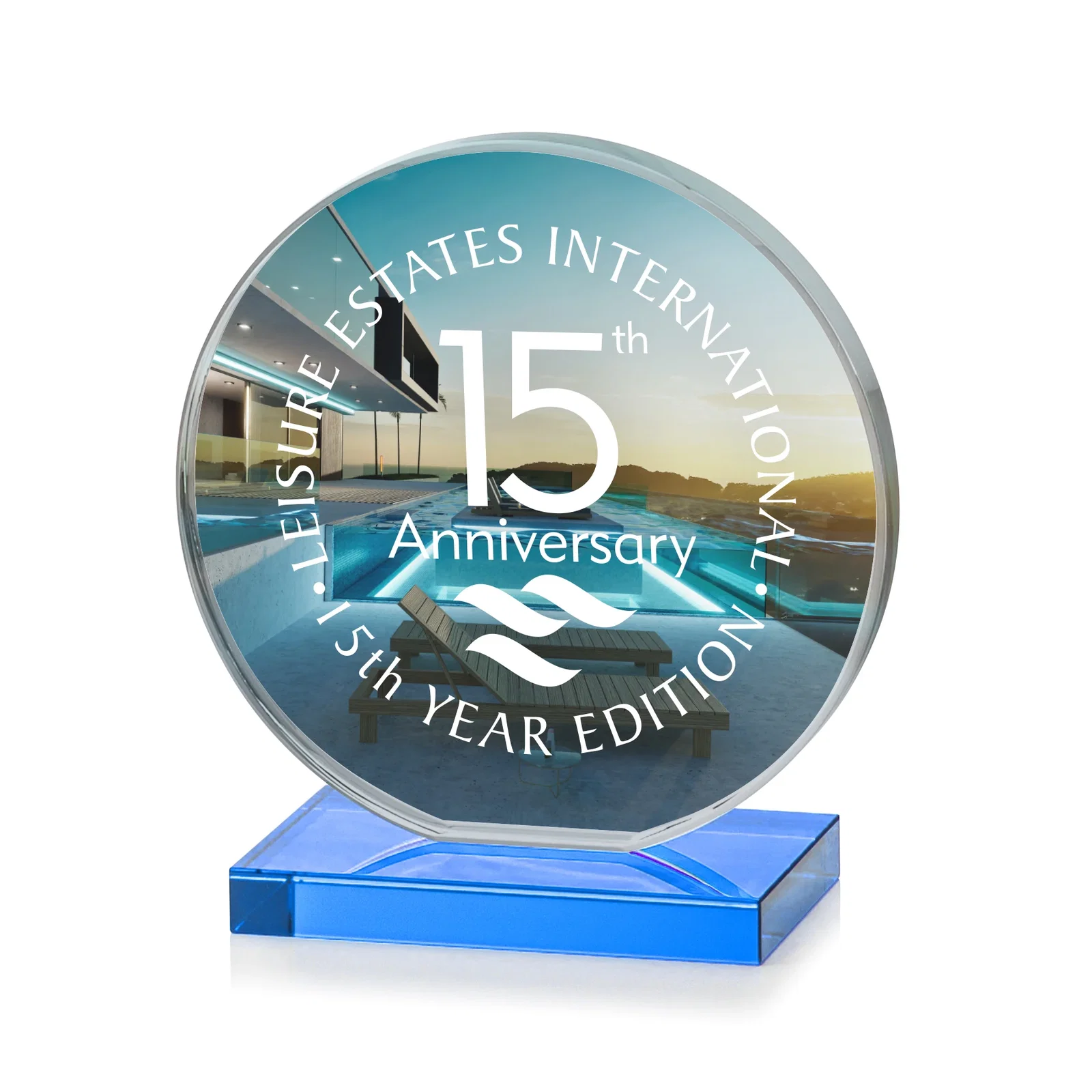 Custom Starfire Crystal Disc Award On An Ivory Crystal Base, with your logo for graduation ceremonies