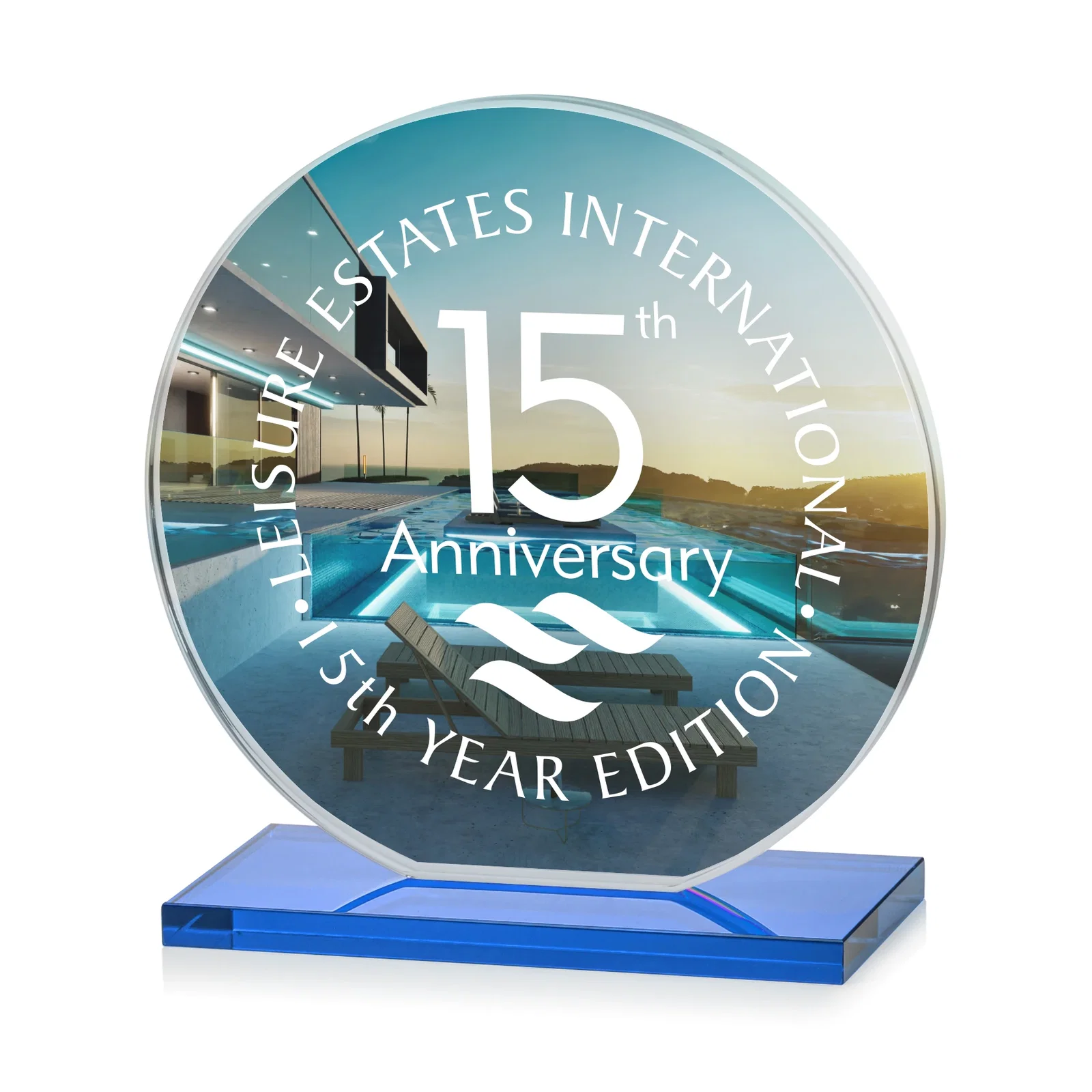 Custom Starfire Crystal Disc Award On An Ivory Crystal Base, with your logo for dealer and partner awards
