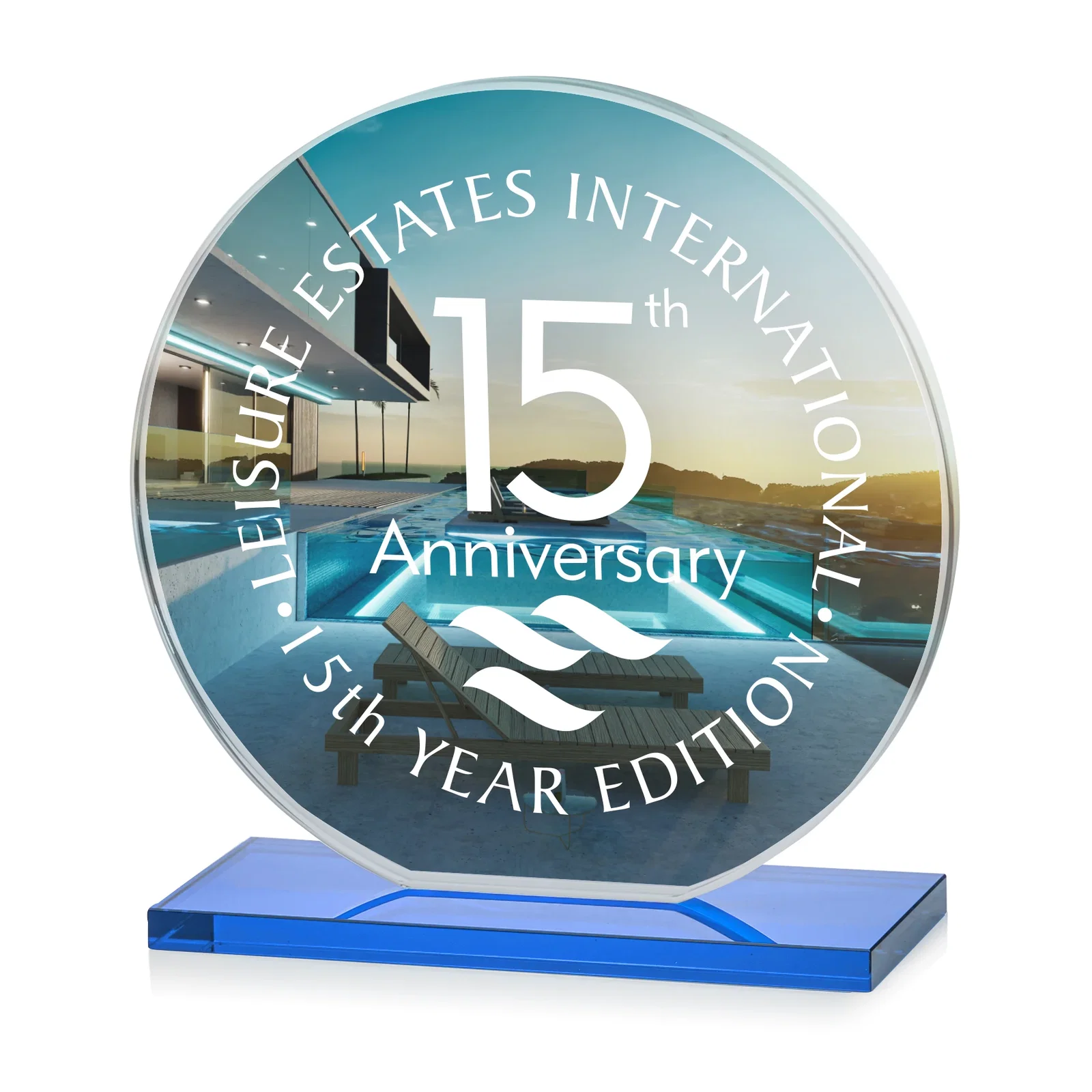 Custom Starfire Crystal Disc Award On An Ivory Crystal Base, with your logo for company anniversary events