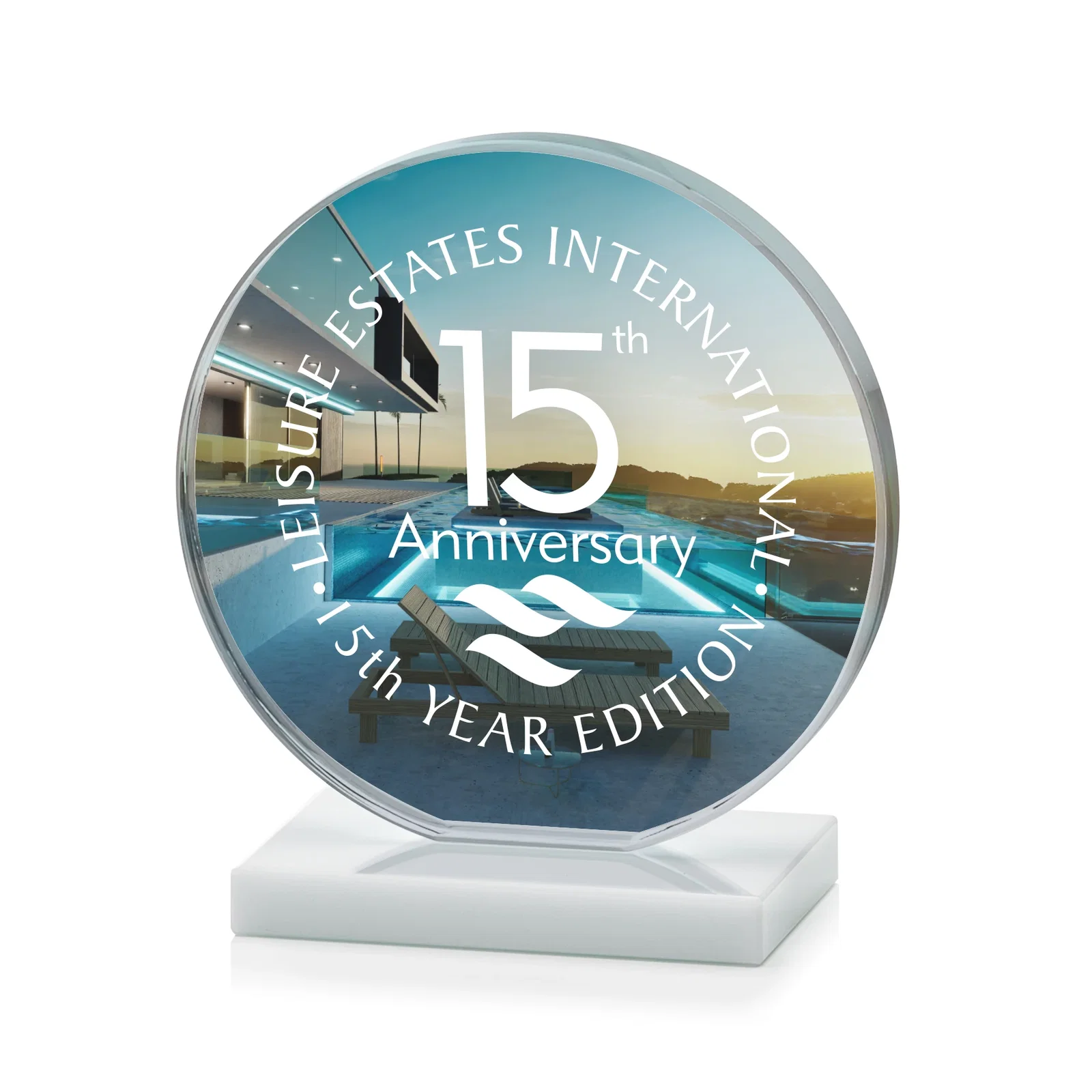 Personalized Starfire Crystal Disc Award On An Ivory Crystal Base, with your logo for corporate award ceremonies