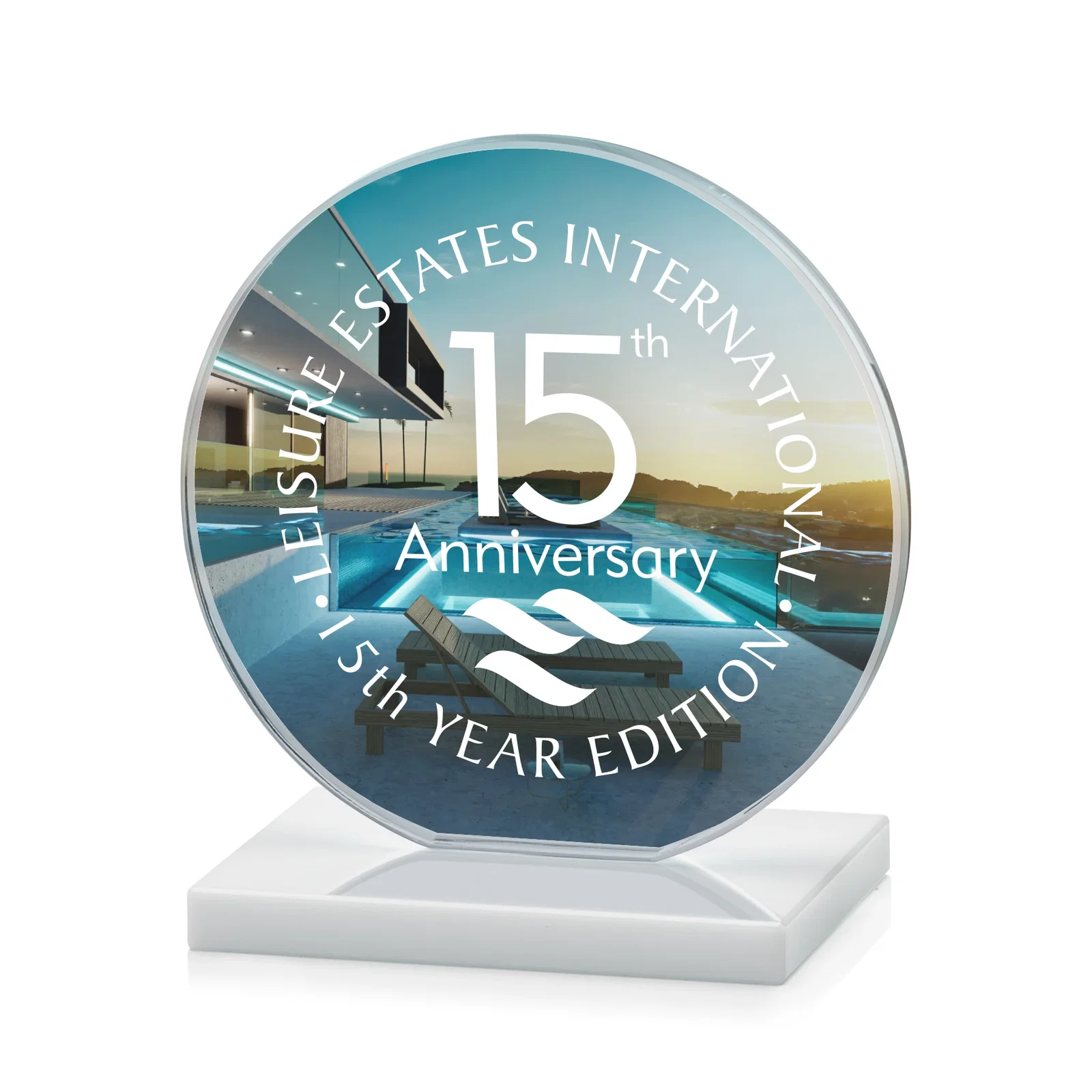 Personalized Starfire Crystal Disc Award On An Ivory Crystal Base, with your logo for service anniversary gifts