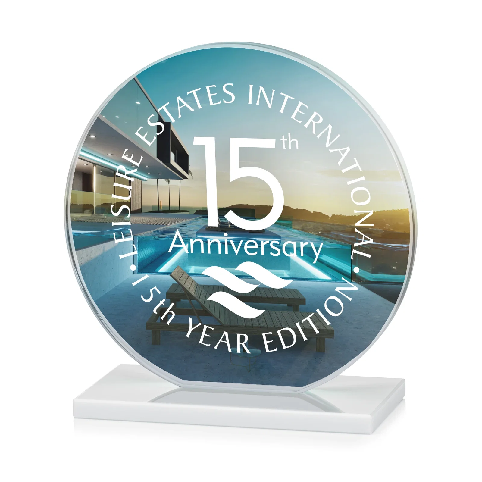 Personalized Starfire Crystal Disc Award On An Ivory Crystal Base, with your logo for retirement presentations