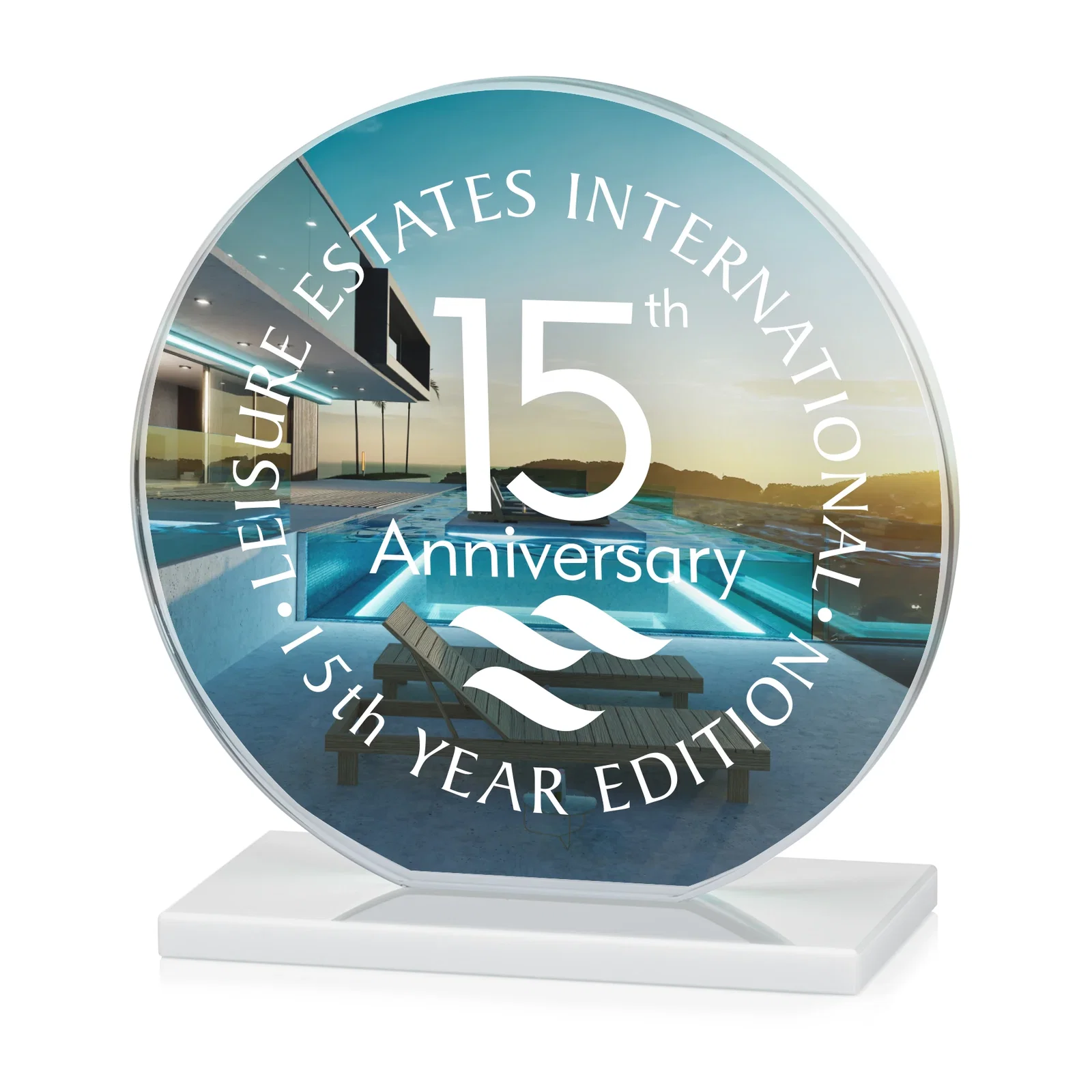 Personalized Starfire Crystal Disc Award On An Ivory Crystal Base, with your logo for team milestone celebrations