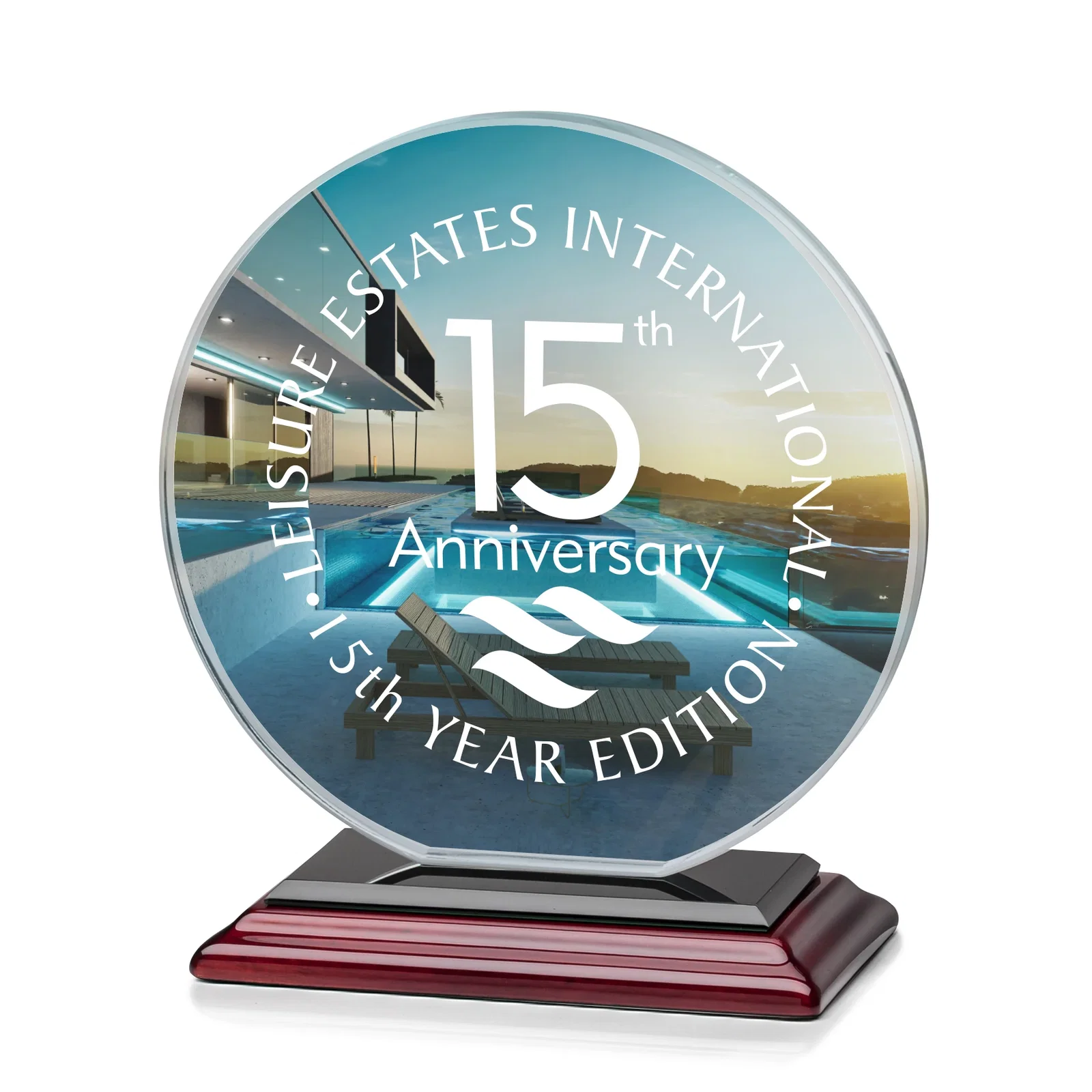 Promotional Starfire Crystal Disc Award On An Ivory Crystal Base, with your logo for corporate award ceremonies