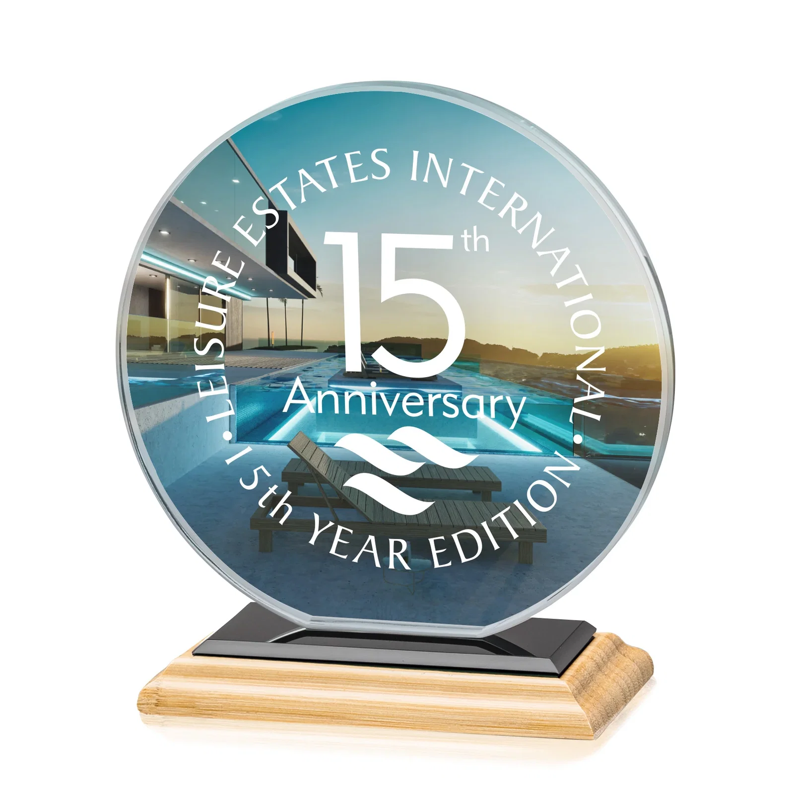 Branded Starfire Crystal Disc Award On An Ivory Crystal Base, with your logo for retirement presentations