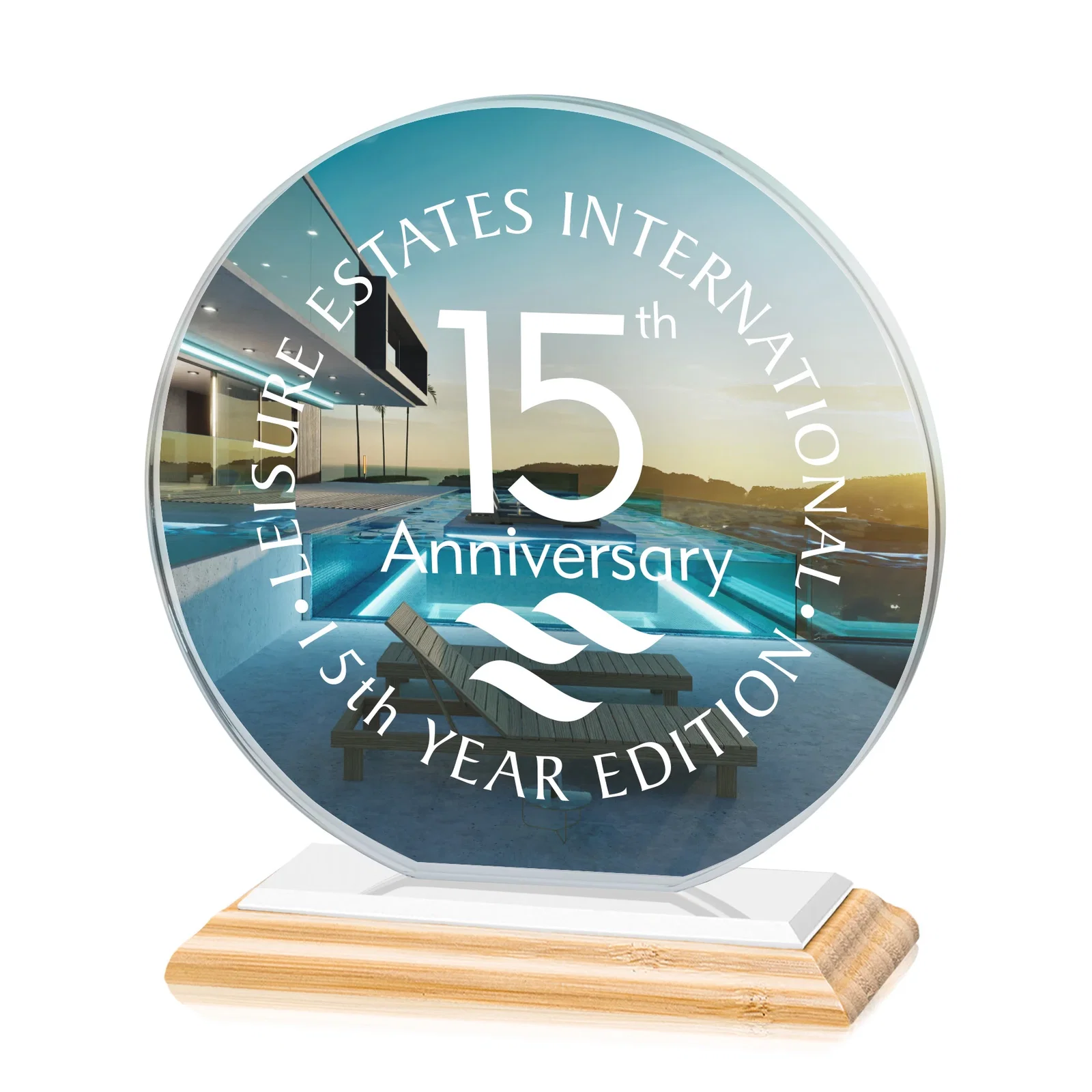 Branded Starfire Crystal Disc Award On An Ivory Crystal Base, with your logo for dealer and partner awards