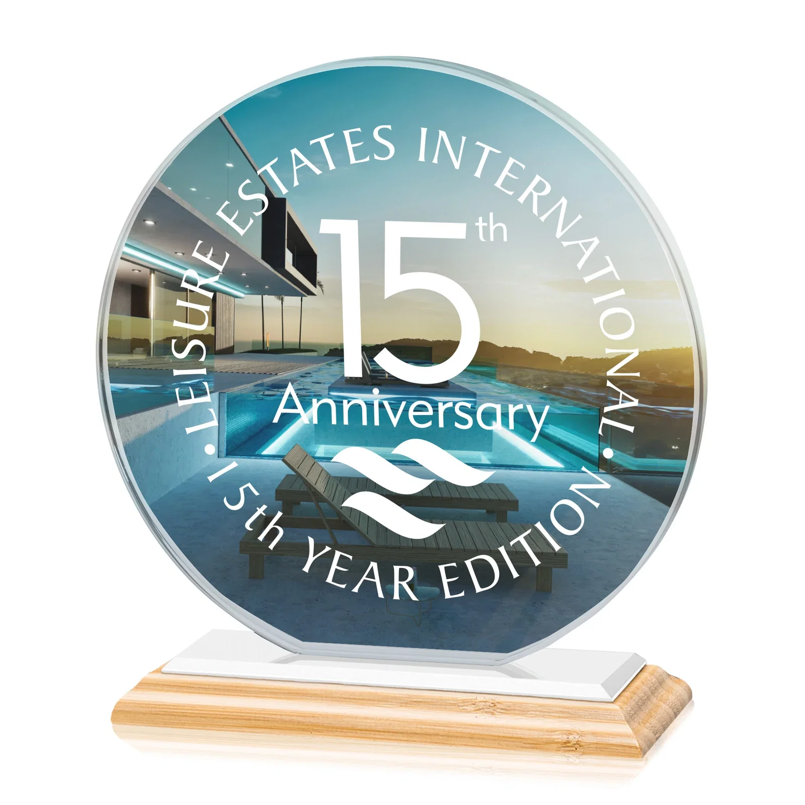 Branded Starfire Crystal Disc Award On An Ivory Crystal Base, with your logo for company anniversary events
