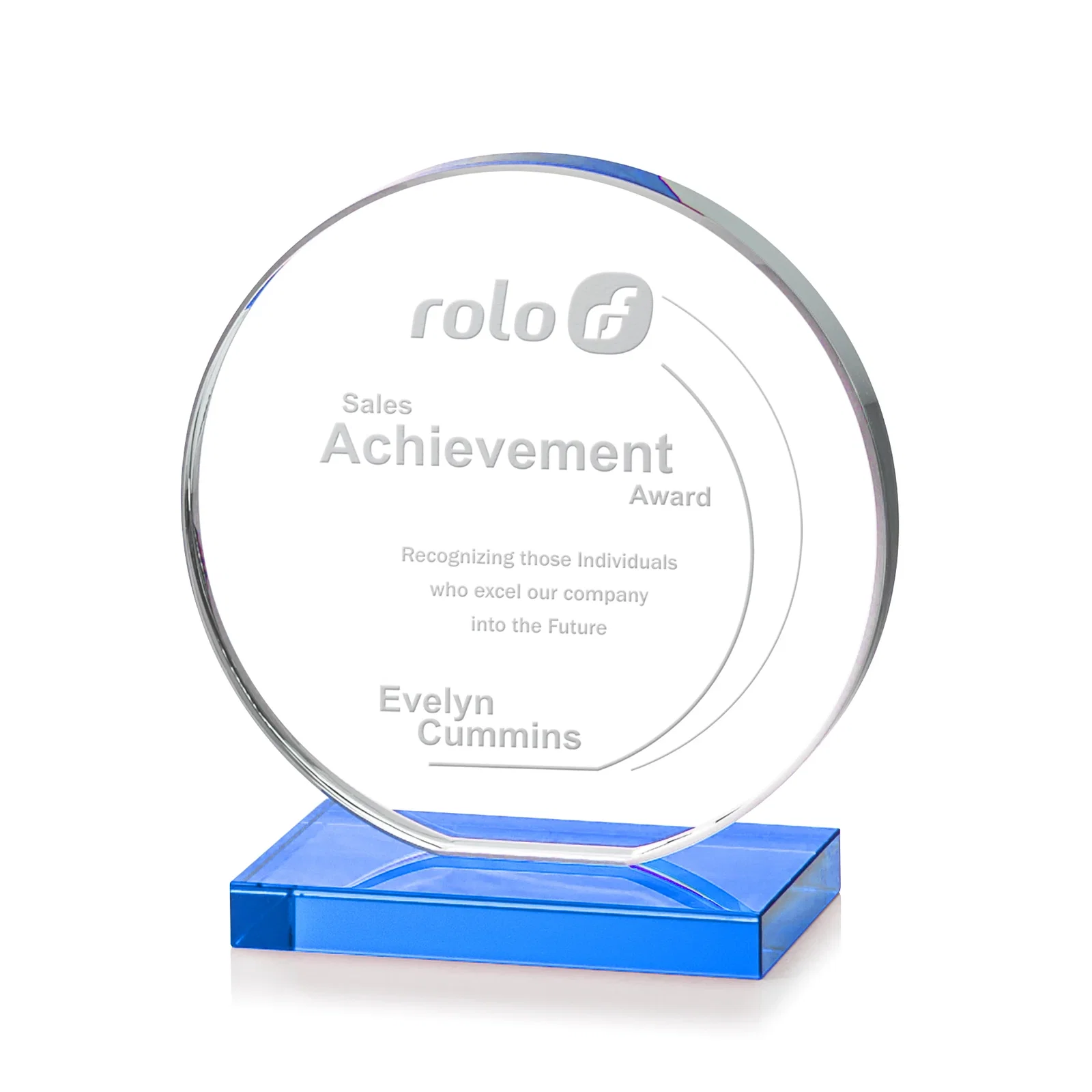 Custom printed Starfire Crystal Disc Award On An Ivory Crystal Base for corporate award ceremonies